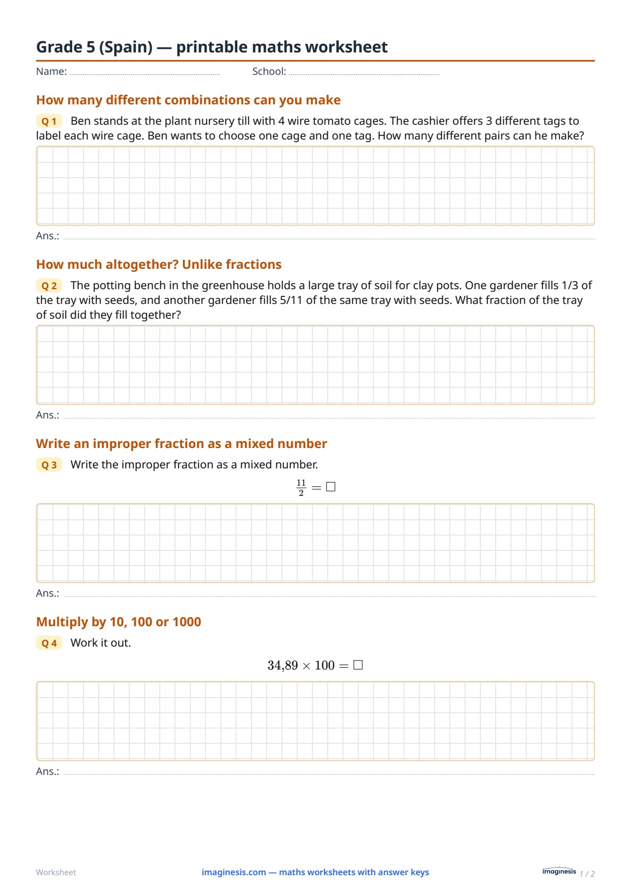 Grade 5 (Spain) — printable maths worksheet — Student sheet: printable maths worksheet (Grade 5, Spain)