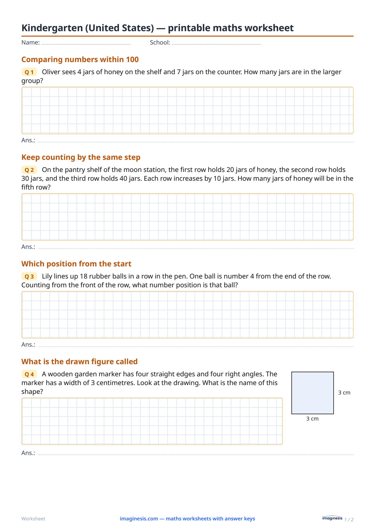 Kindergarten (United States) — printable maths worksheet — Student sheet: printable maths worksheet (Kindergarten, United States)