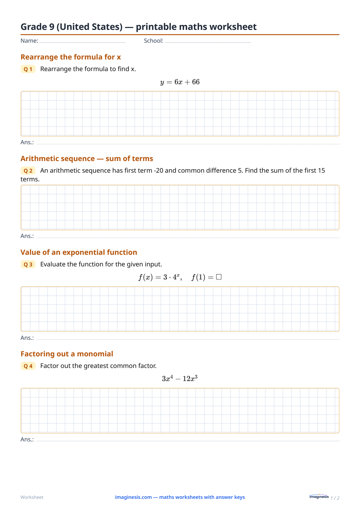 Grade 9 (United States) — printable maths worksheet — Student sheet: printable maths worksheet (Grade 9, United States)