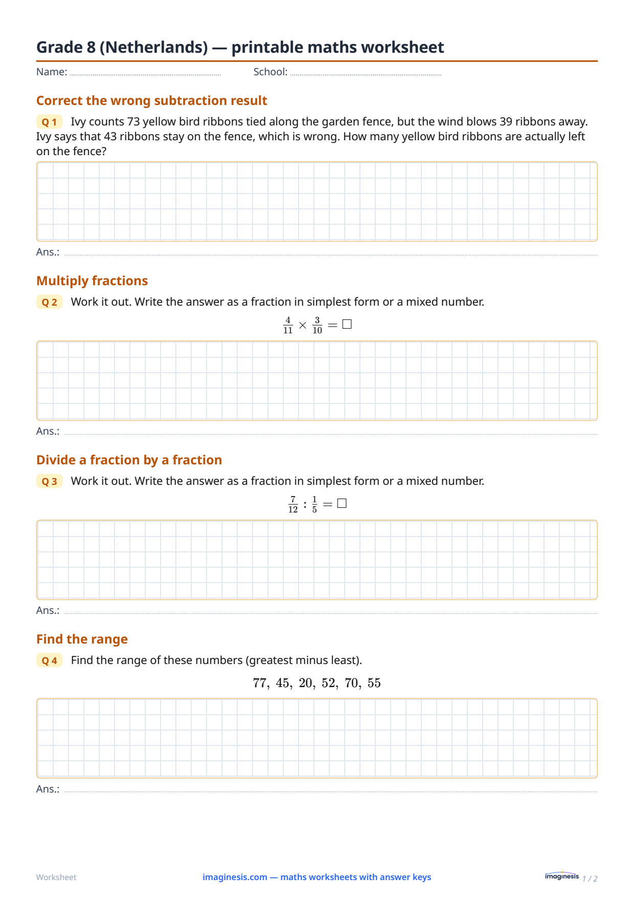 Grade 8 (Netherlands) — printable maths worksheet — Student sheet: printable maths worksheet (Grade 8, Netherlands)