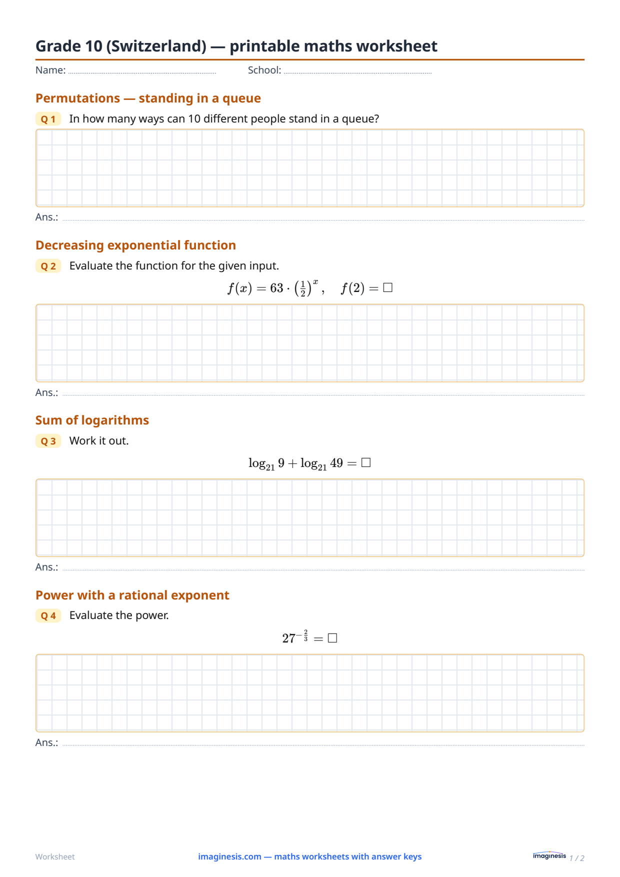 Grade 10 (Switzerland) — printable maths worksheet — Student sheet: printable maths worksheet (Grade 10, Switzerland)