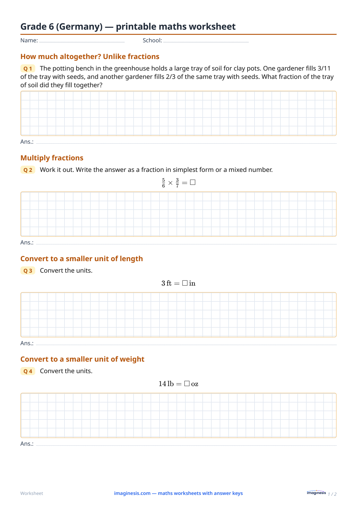 Grade 6 (Germany) — printable maths worksheet — Student sheet: printable maths worksheet (Grade 6, Germany)