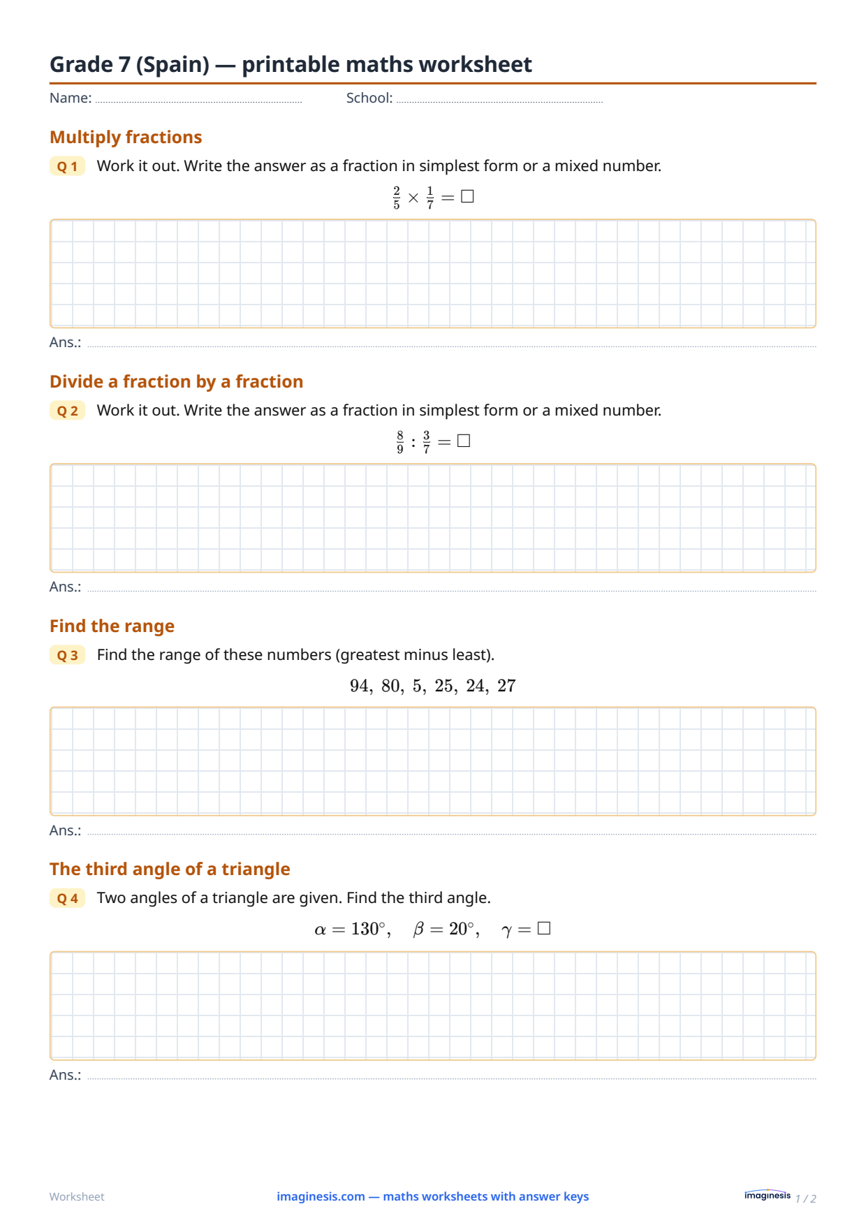 Grade 7 (Spain) — printable maths worksheet — Student sheet: printable maths worksheet (Grade 7, Spain)