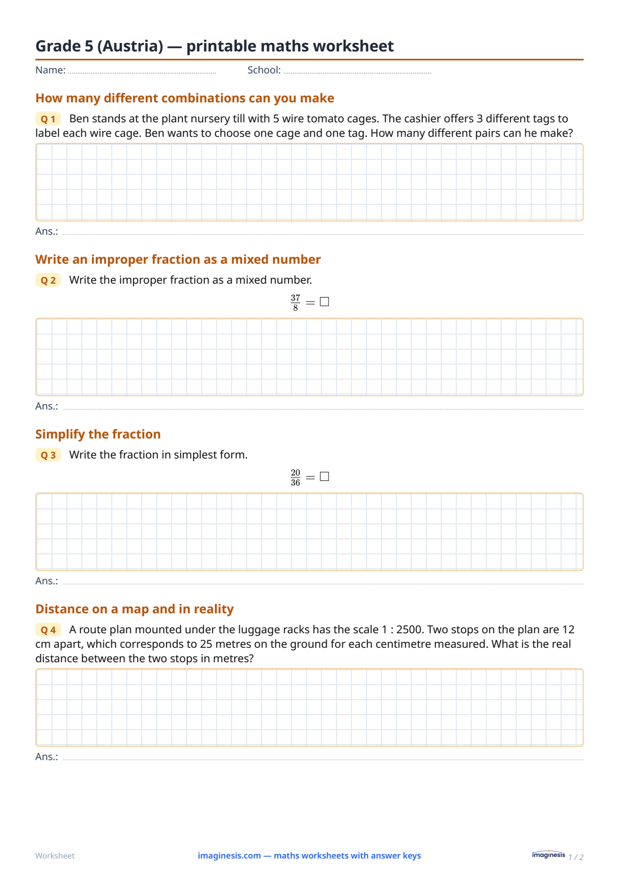 Grade 5 (Austria) — printable maths worksheet — Student sheet: printable maths worksheet (Grade 5, Austria)