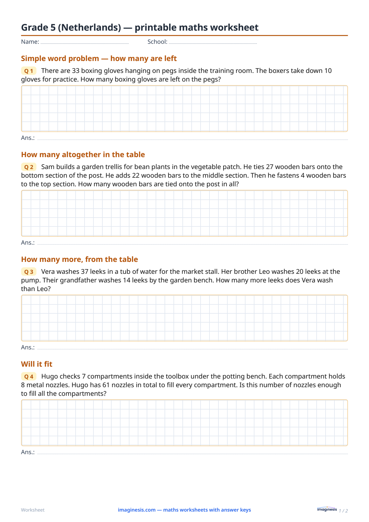 Grade 5 (Netherlands) — printable maths worksheet — Student sheet: printable maths worksheet (Grade 5, Netherlands)