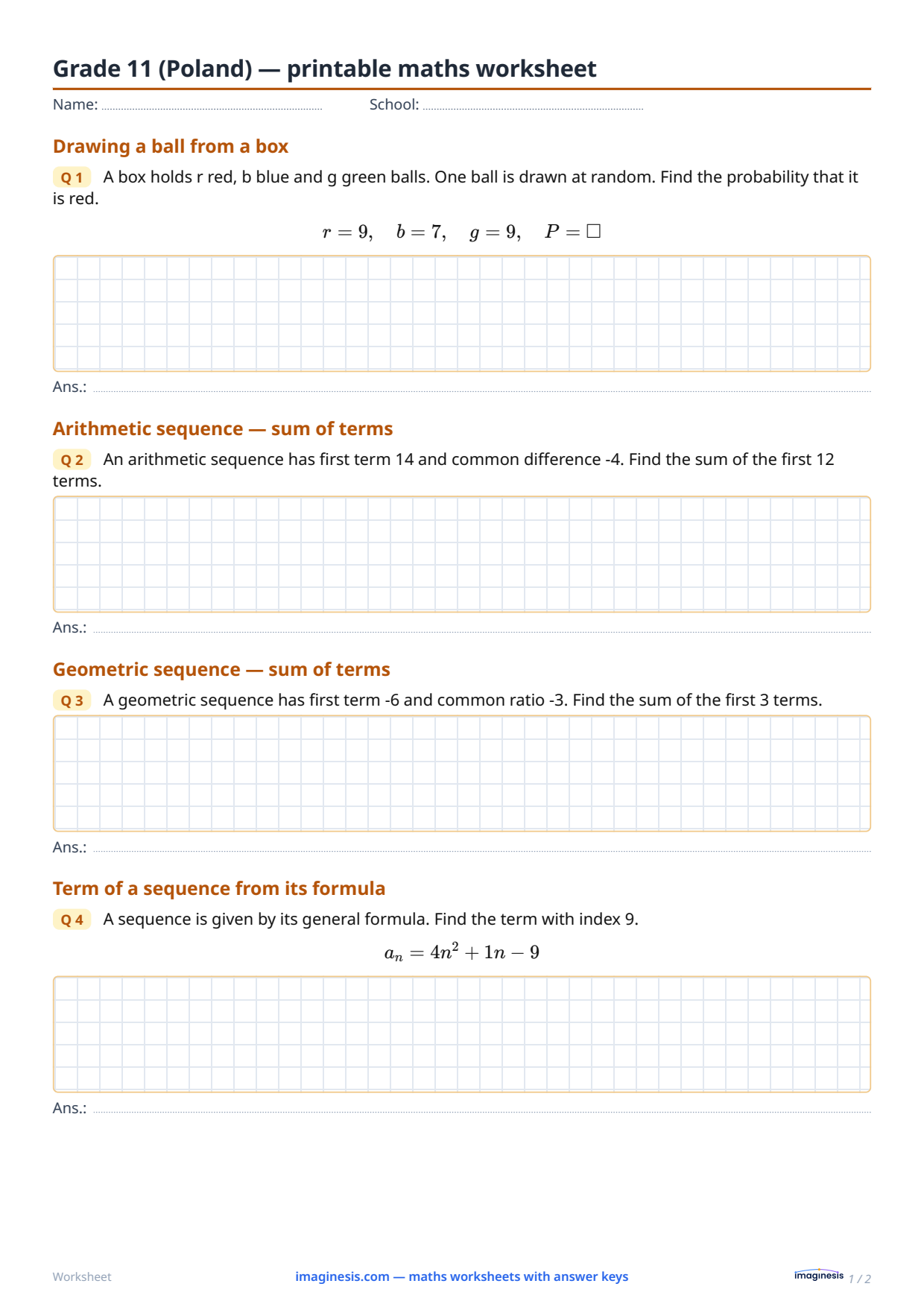 Year 3 of secondary school (Poland) — printable maths worksheet — Student sheet: printable maths worksheet (Year 3 of secondary school, Poland)