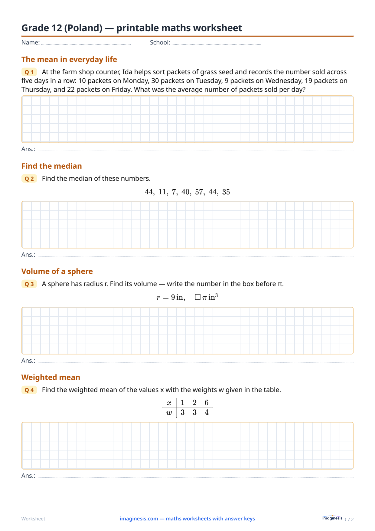 Year 4 of secondary school (Poland) — printable maths worksheet — Student sheet: printable maths worksheet (Year 4 of secondary school, Poland)