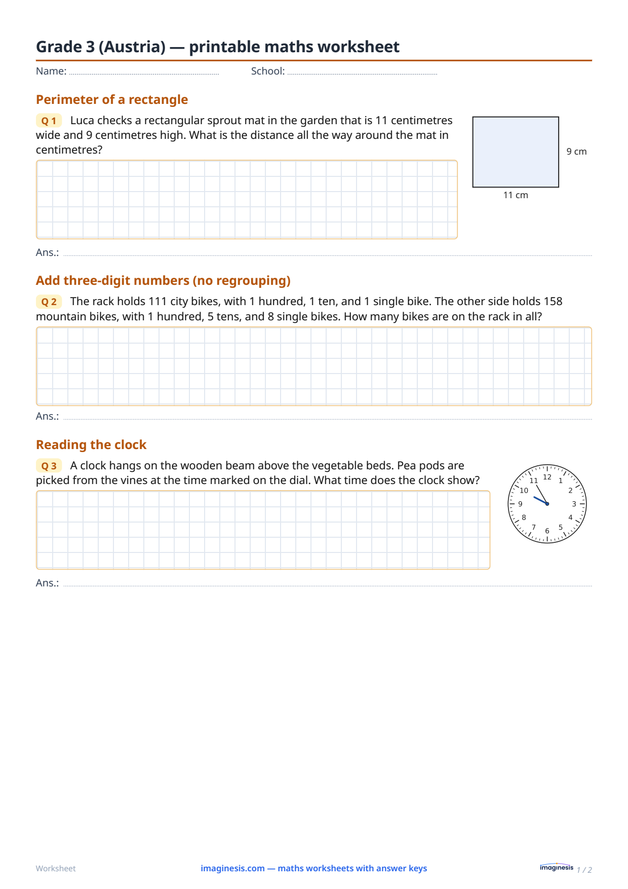 Grade 3 (Austria) — printable maths worksheet — Student sheet: printable maths worksheet (Grade 3, Austria)
