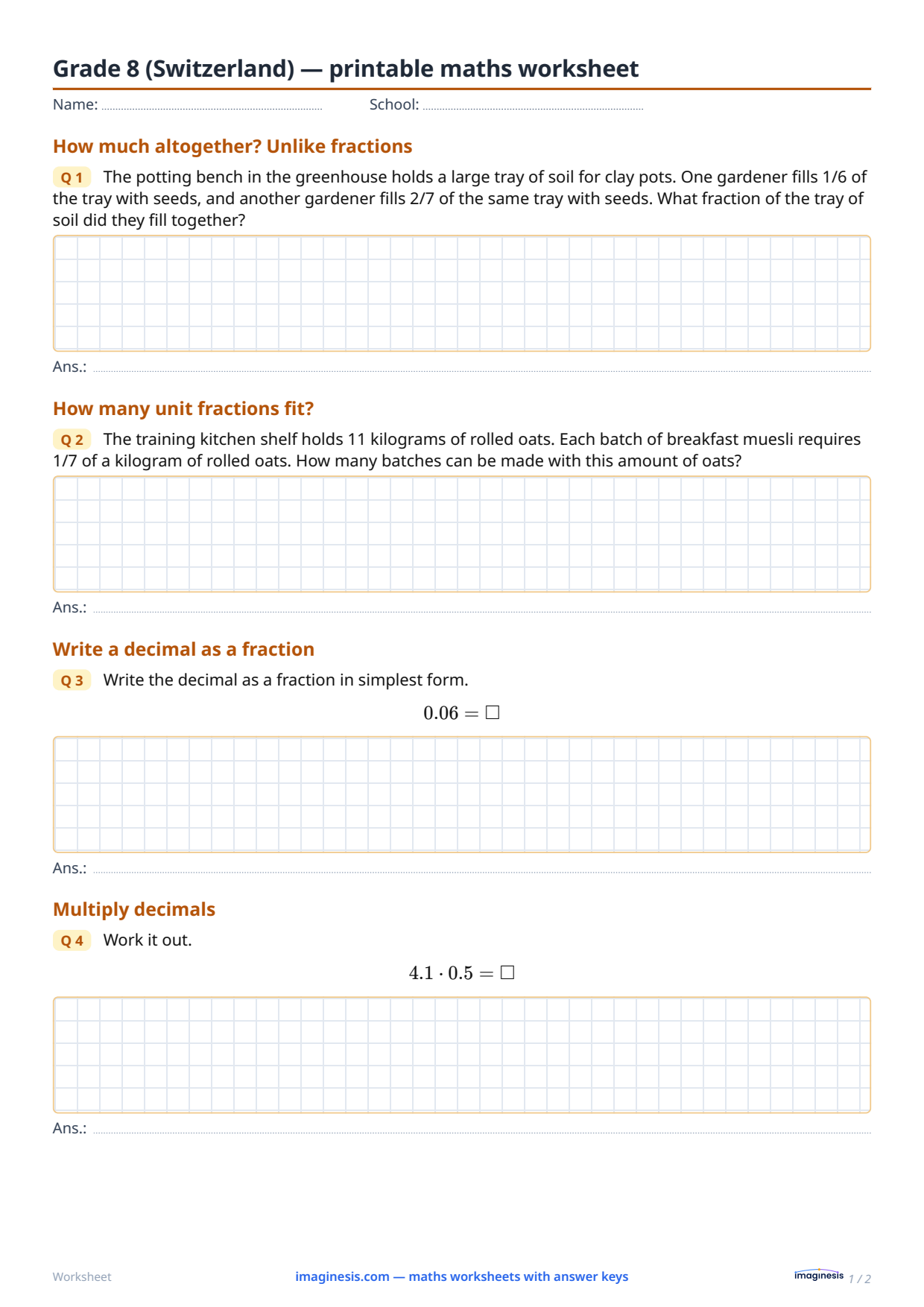 Grade 8 (Switzerland) — printable maths worksheet — Student sheet: printable maths worksheet (Grade 8, Switzerland)