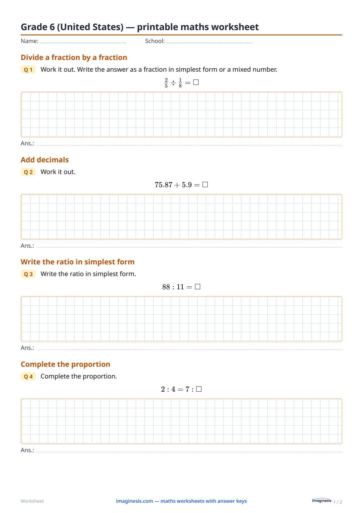 Grade 6 (United States) — printable maths worksheet — Student sheet: printable maths worksheet (Grade 6, United States)