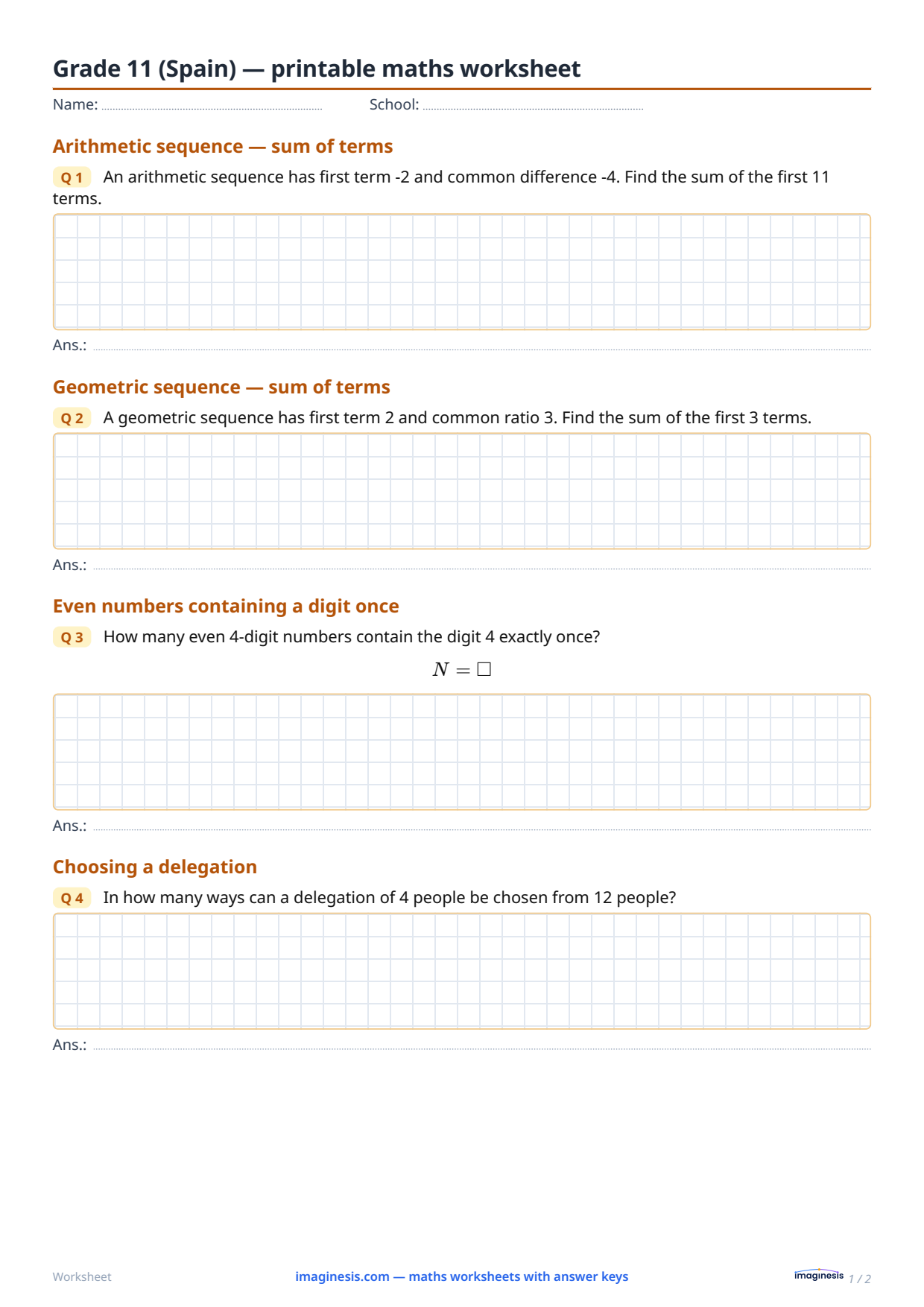 Grade 11 (Spain) — printable maths worksheet — Student sheet: printable maths worksheet (Grade 11, Spain)