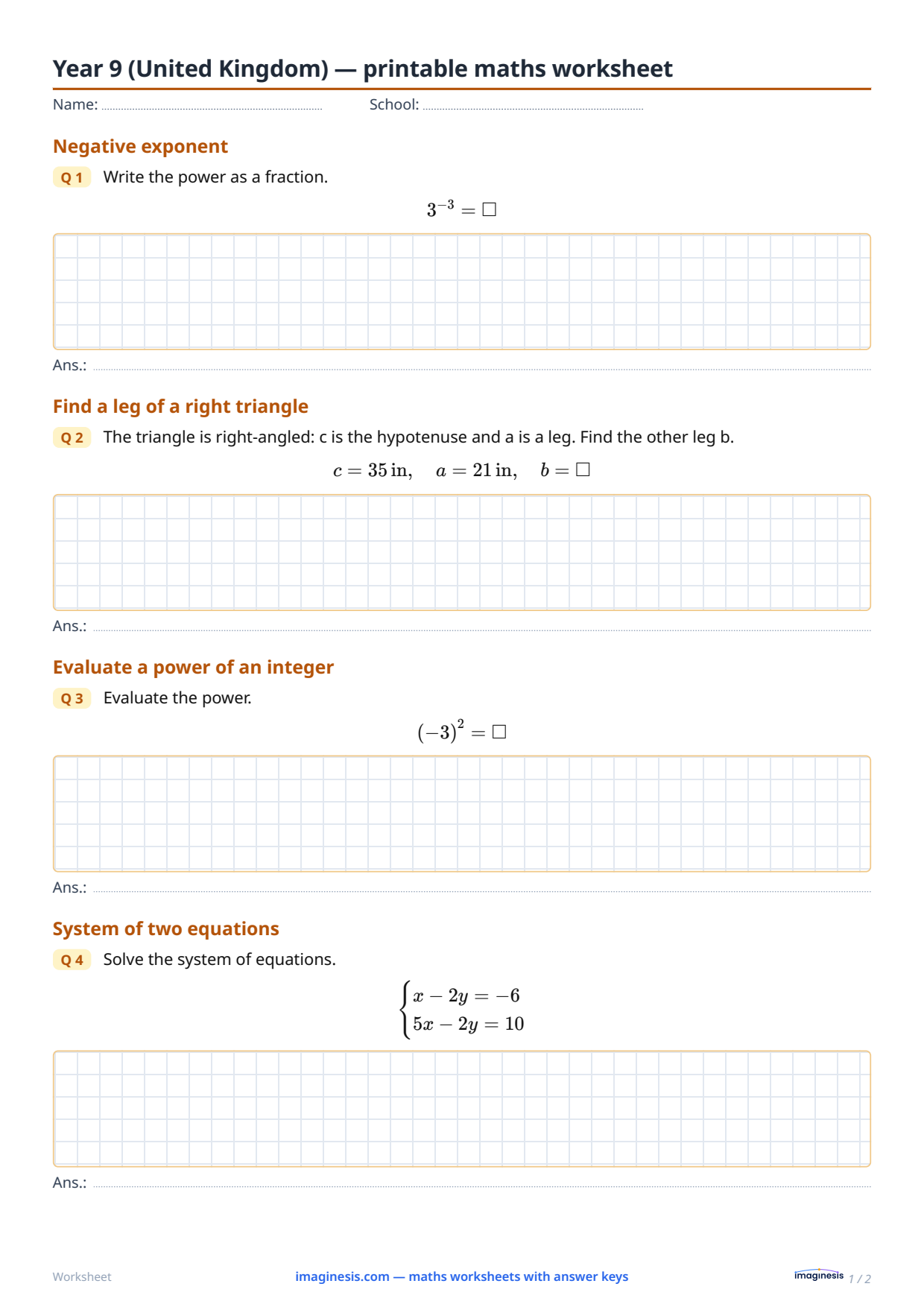 Year 9 (United Kingdom) — printable maths worksheet — Student sheet: printable maths worksheet (Year 9, United Kingdom)