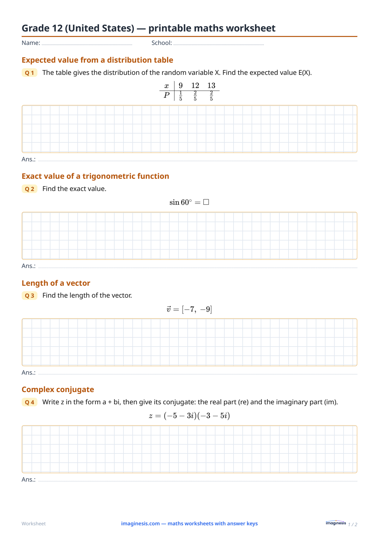 Grade 12 (United States) — printable maths worksheet — Student sheet: printable maths worksheet (Grade 12, United States)