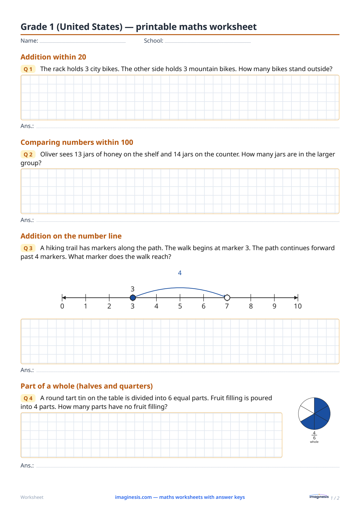 Grade 1 (United States) — printable maths worksheet — Student sheet: printable maths worksheet (Grade 1, United States)