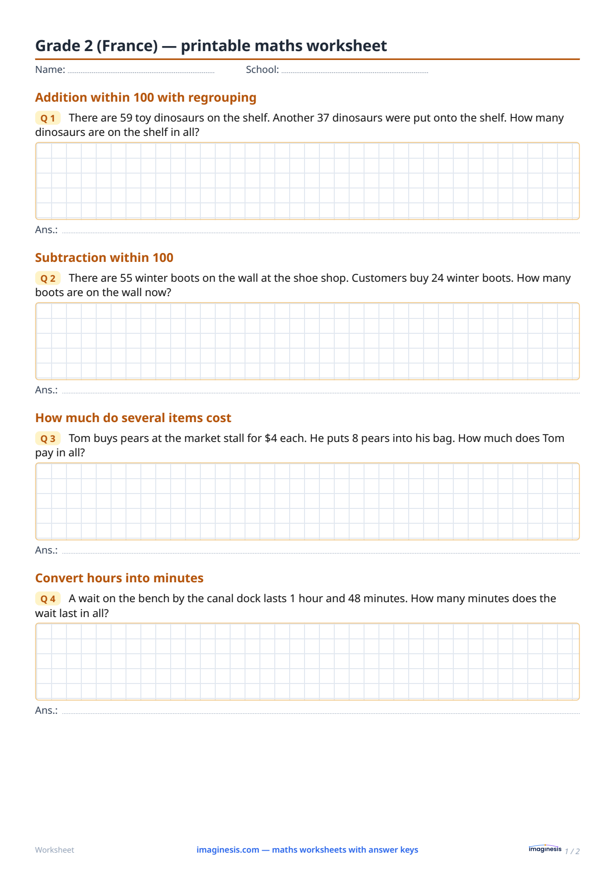 Grade 2 (France) — printable maths worksheet — Student sheet: printable maths worksheet (Grade 2, France)
