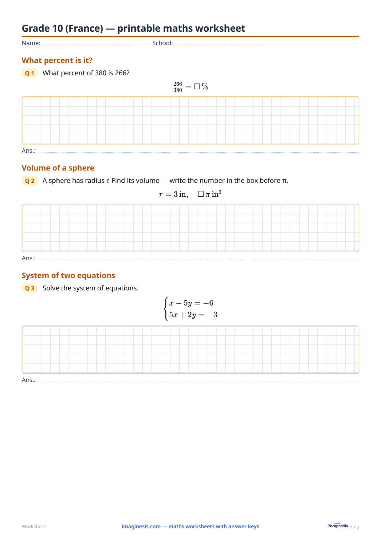 Grade 10 (France) — printable maths worksheet — Student sheet: printable maths worksheet (Grade 10, France)