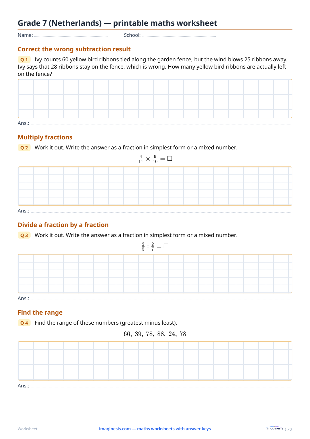 Grade 7 (Netherlands) — printable maths worksheet — Student sheet: printable maths worksheet (Grade 7, Netherlands)