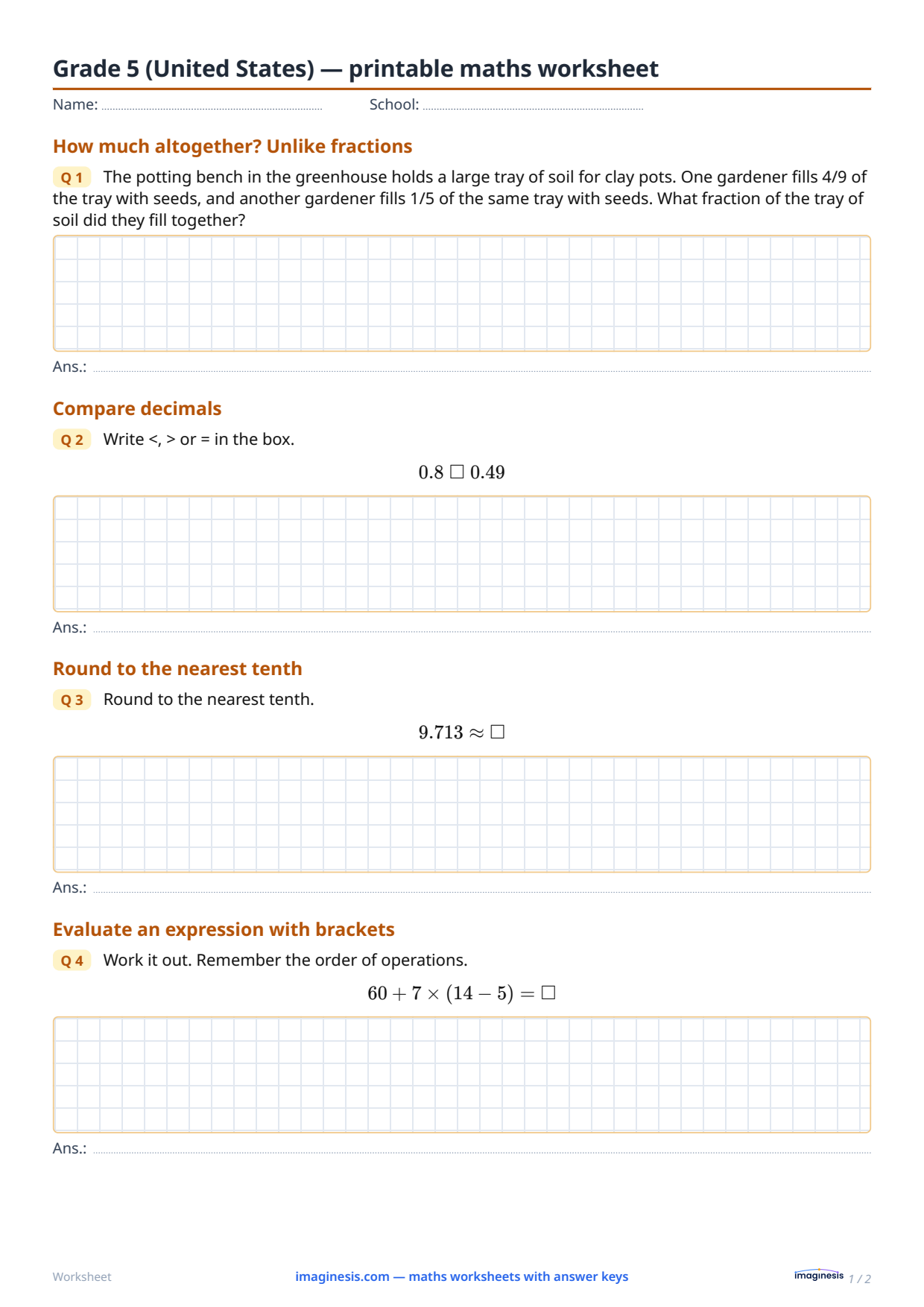 Grade 5 (United States) — printable maths worksheet — Student sheet: printable maths worksheet (Grade 5, United States)