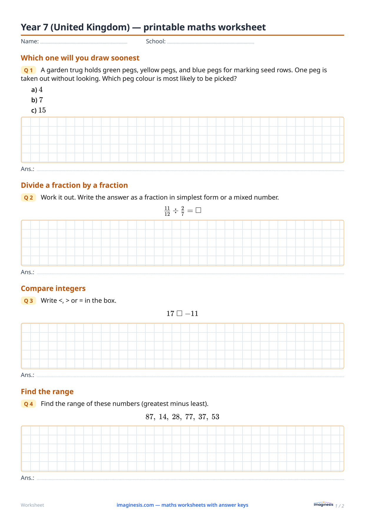 Year 7 (United Kingdom) — printable maths worksheet — Student sheet: printable maths worksheet (Year 7, United Kingdom)