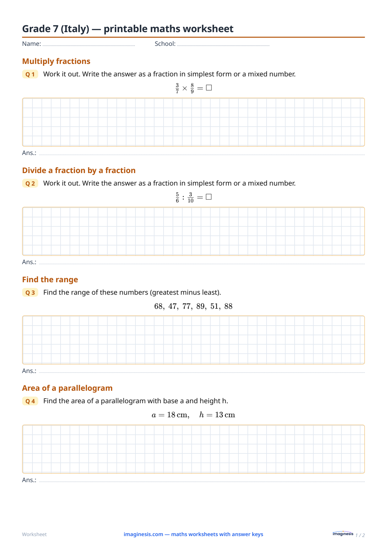 Grade 7 (Italy) — printable maths worksheet — Student sheet: printable maths worksheet (Grade 7, Italy)