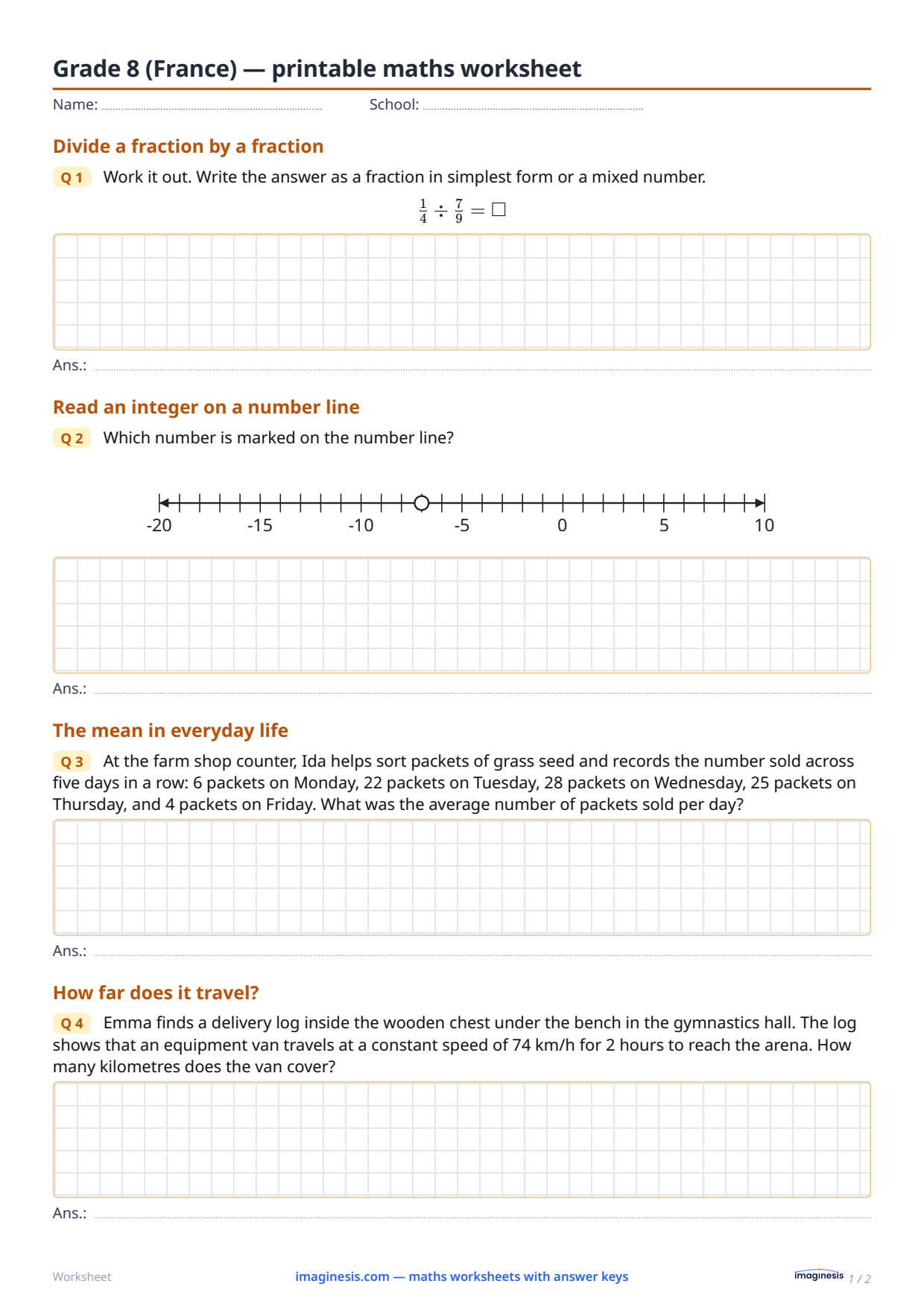 Grade 8 (France) — printable maths worksheet — Student sheet: printable maths worksheet (Grade 8, France)