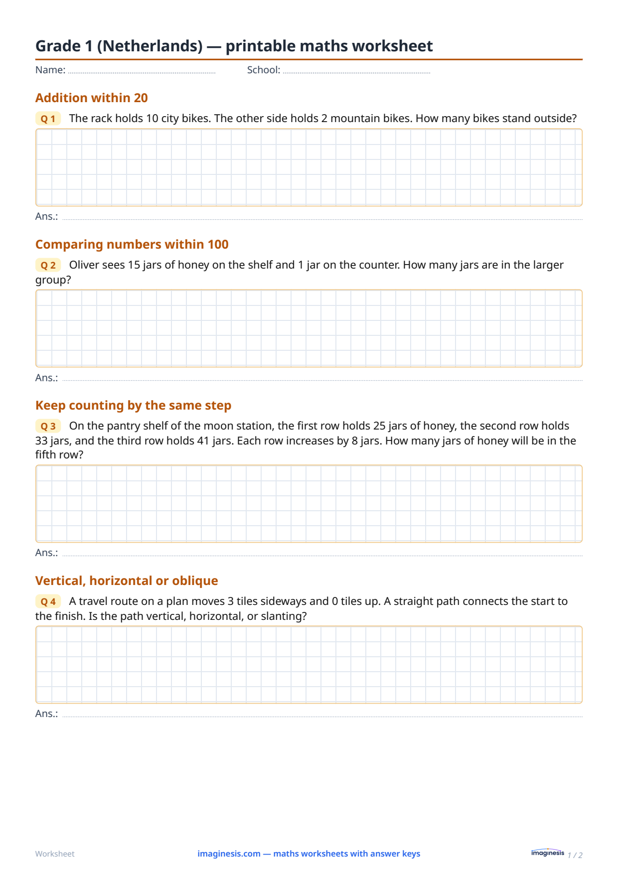Grade 1 (Netherlands) — printable maths worksheet — Student sheet: printable maths worksheet (Grade 1, Netherlands)