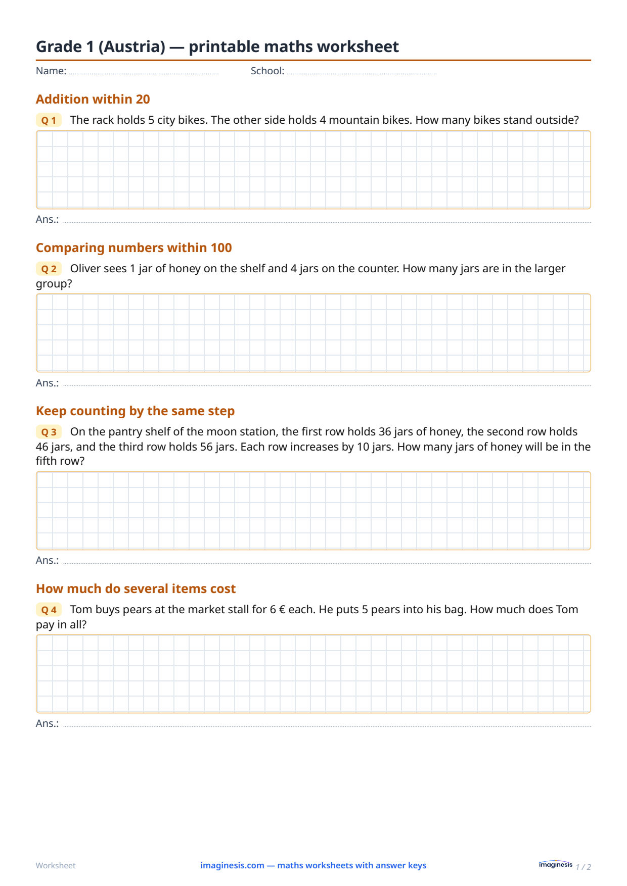 Grade 1 (Austria) — printable maths worksheet — Student sheet: printable maths worksheet (Grade 1, Austria)