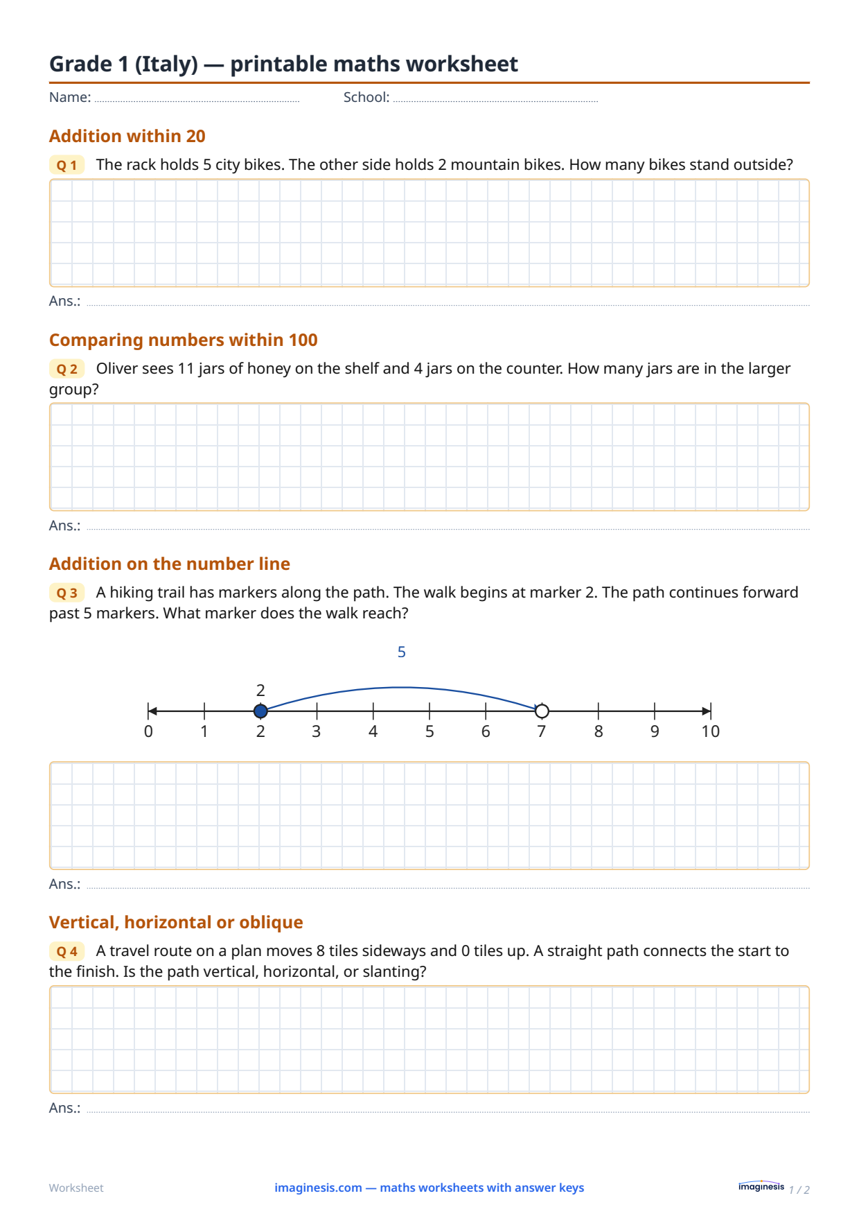 Grade 1 (Italy) — printable maths worksheet — Student sheet: printable maths worksheet (Grade 1, Italy)