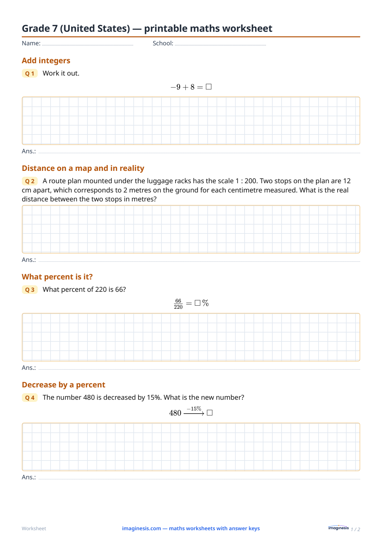 Grade 7 (United States) — printable maths worksheet — Student sheet: printable maths worksheet (Grade 7, United States)
