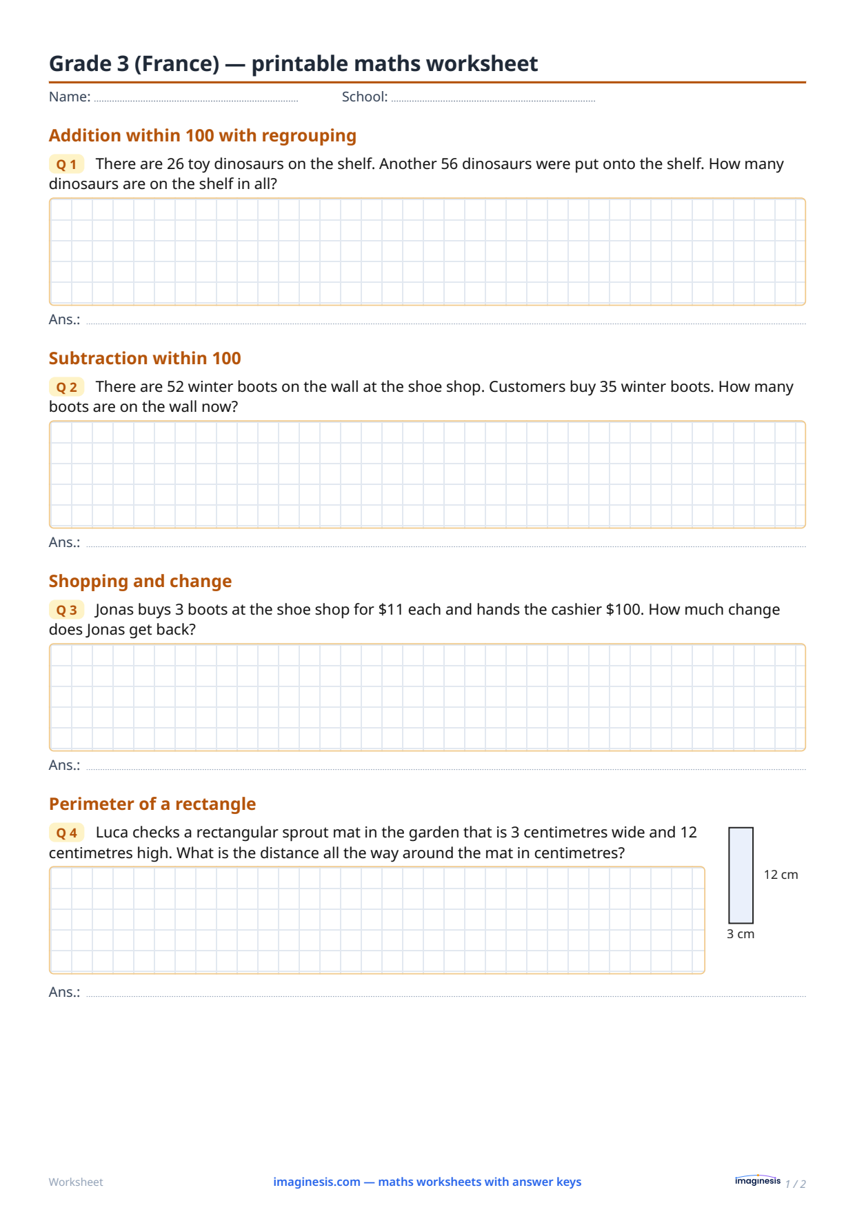 Grade 3 (France) — printable maths worksheet — Student sheet: printable maths worksheet (Grade 3, France)