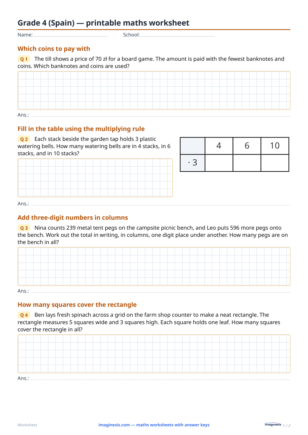 Grade 4 (Spain) — printable maths worksheet — Student sheet: printable maths worksheet (Grade 4, Spain)