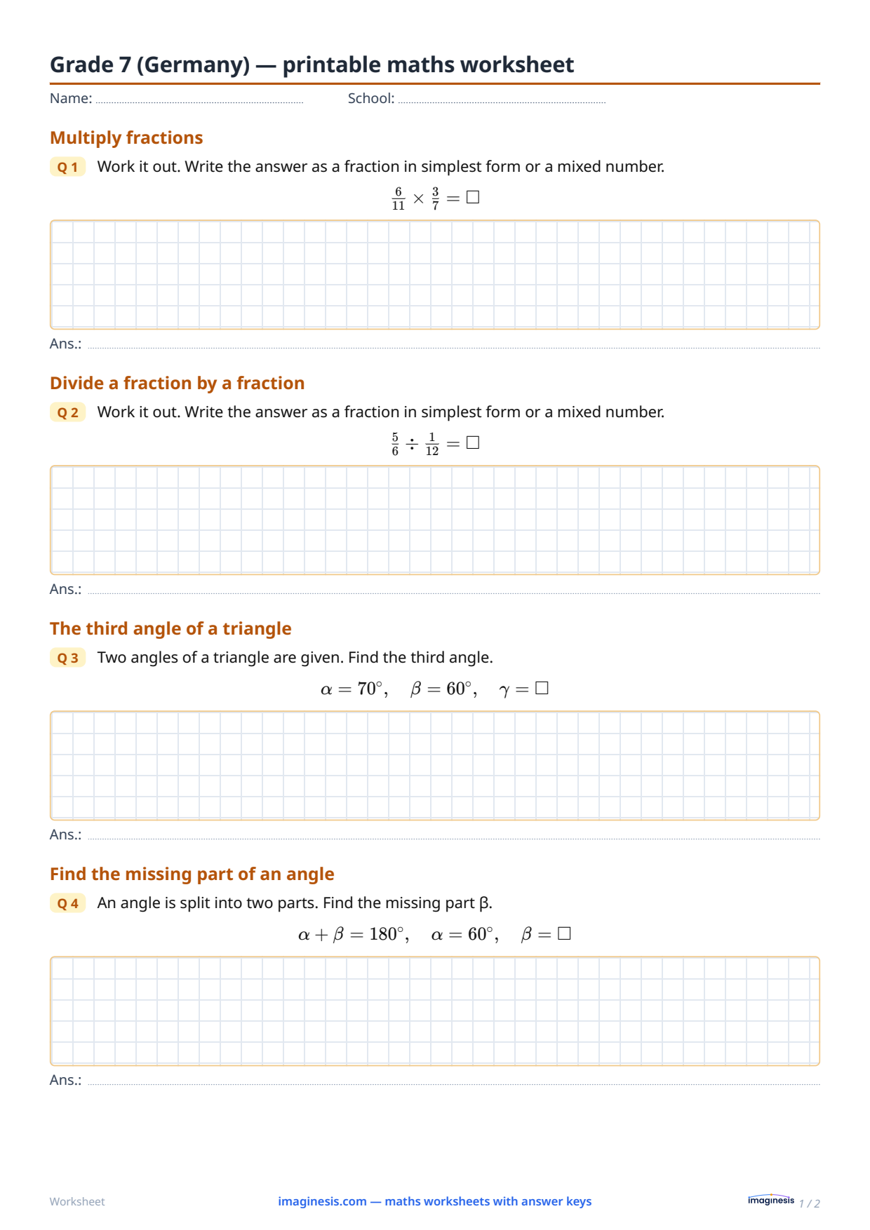 Grade 7 (Germany) — printable maths worksheet — Student sheet: printable maths worksheet (Grade 7, Germany)