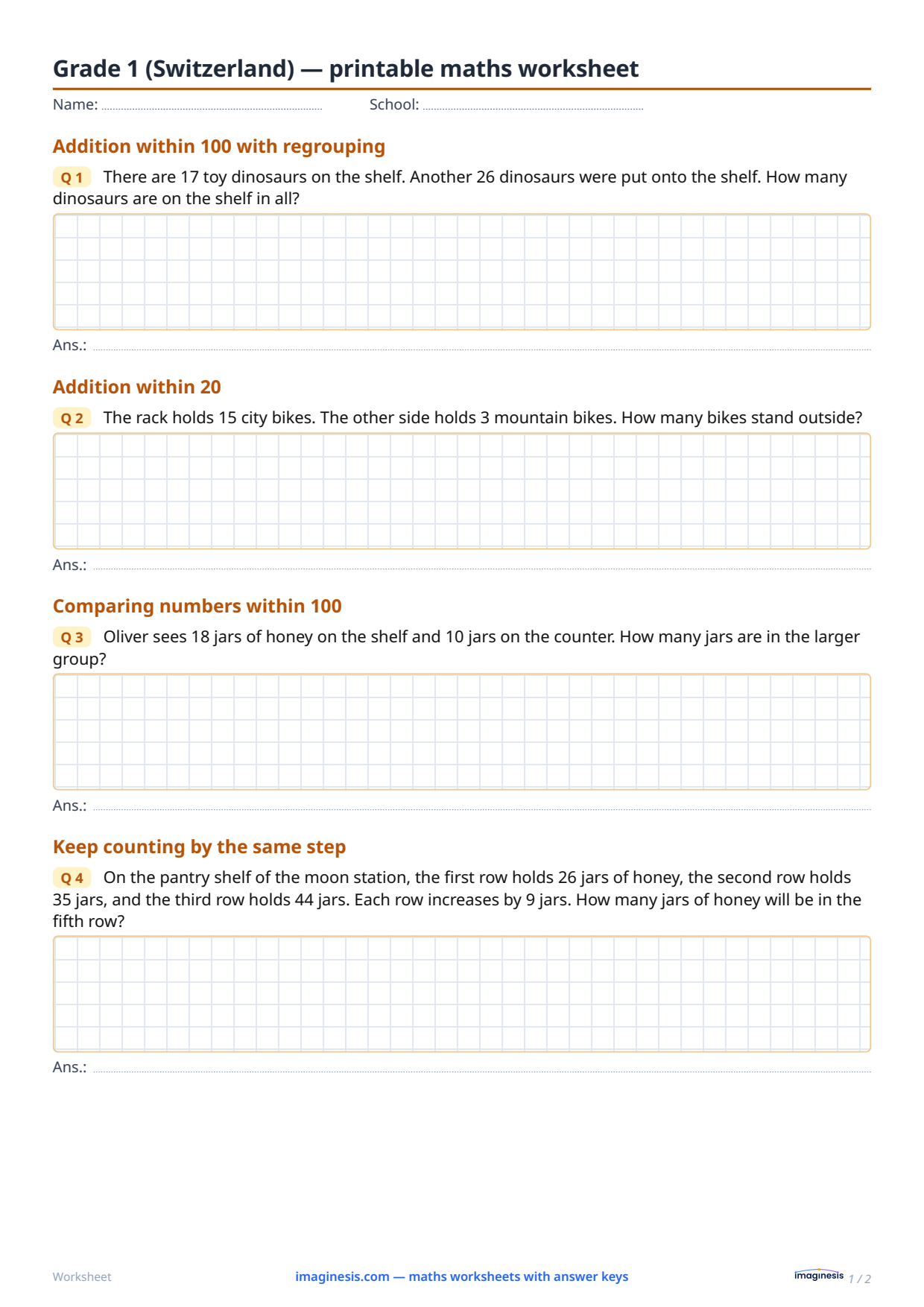 Grade 1 (Switzerland) — printable maths worksheet — Student sheet: printable maths worksheet (Grade 1, Switzerland)
