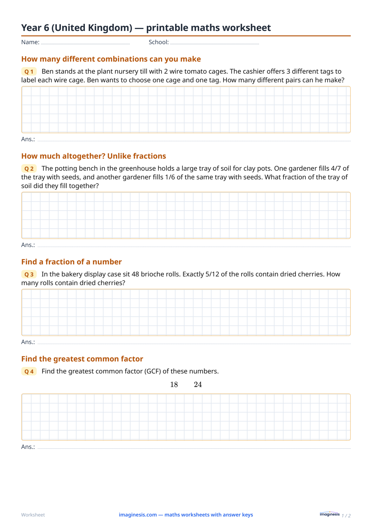 Year 6 (United Kingdom) — printable maths worksheet — Student sheet: printable maths worksheet (Year 6, United Kingdom)