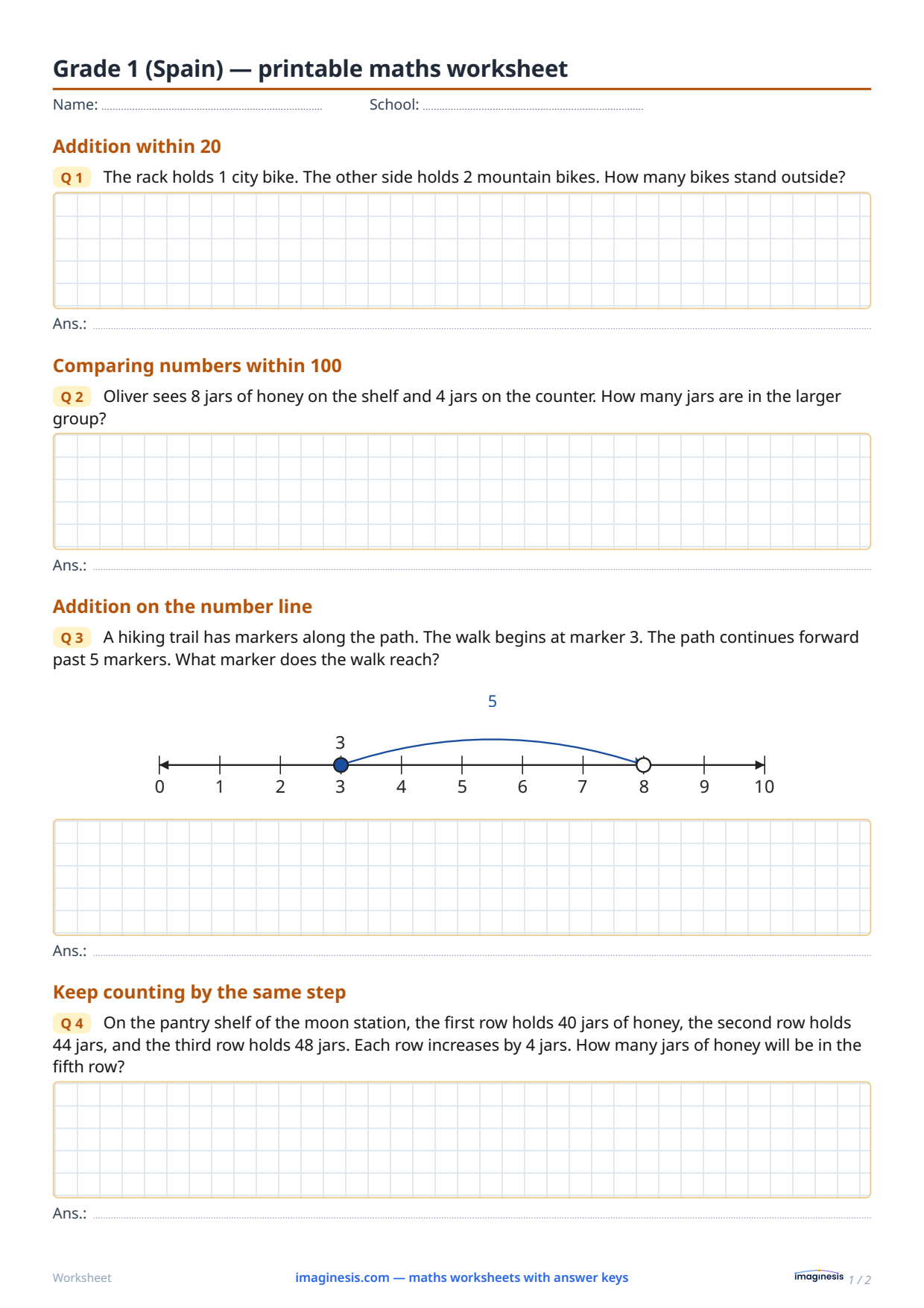 Grade 1 (Spain) — printable maths worksheet — Student sheet: printable maths worksheet (Grade 1, Spain)
