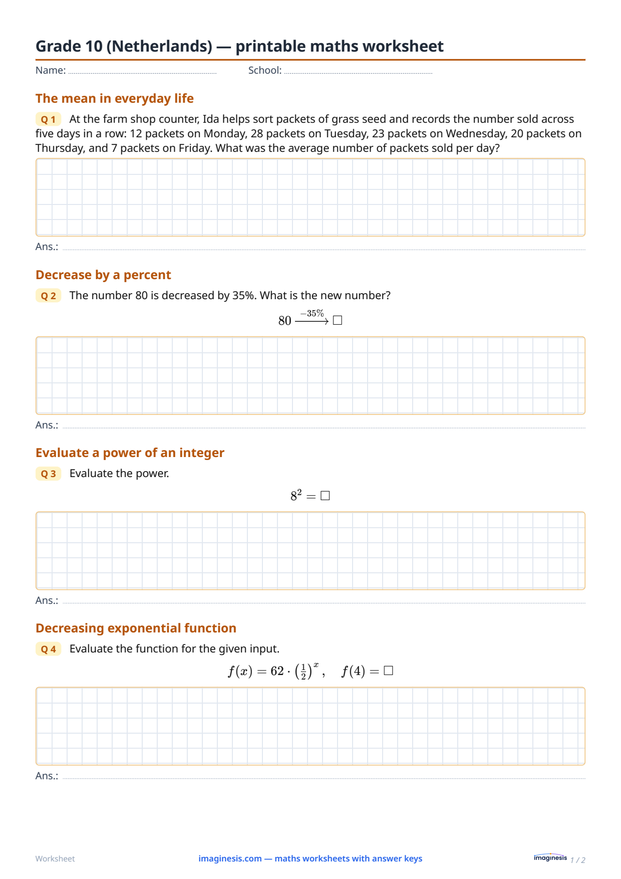 Grade 10 (Netherlands) — printable maths worksheet — Student sheet: printable maths worksheet (Grade 10, Netherlands)