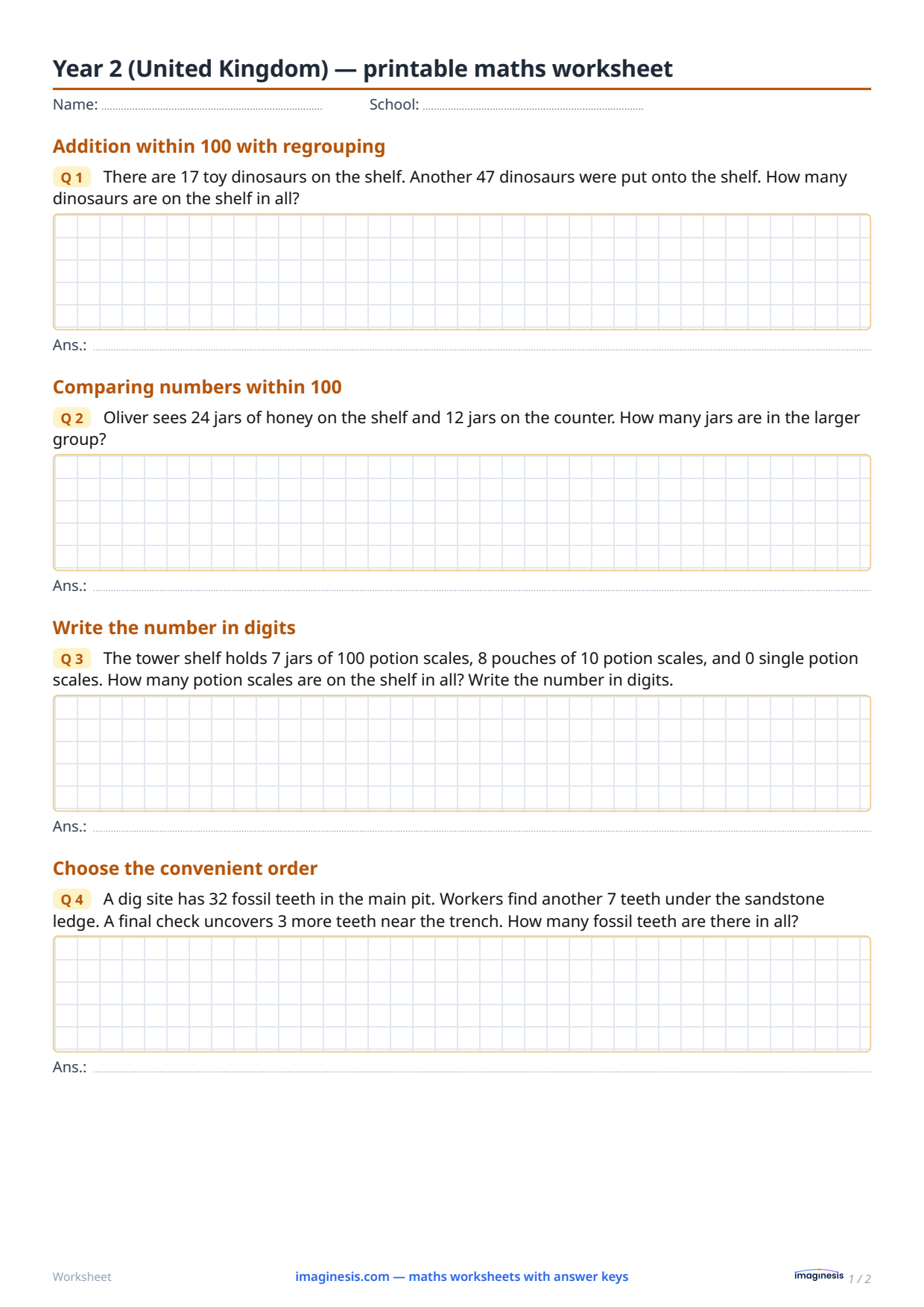 Year 2 (United Kingdom) — printable maths worksheet — Student sheet: printable maths worksheet (Year 2, United Kingdom)