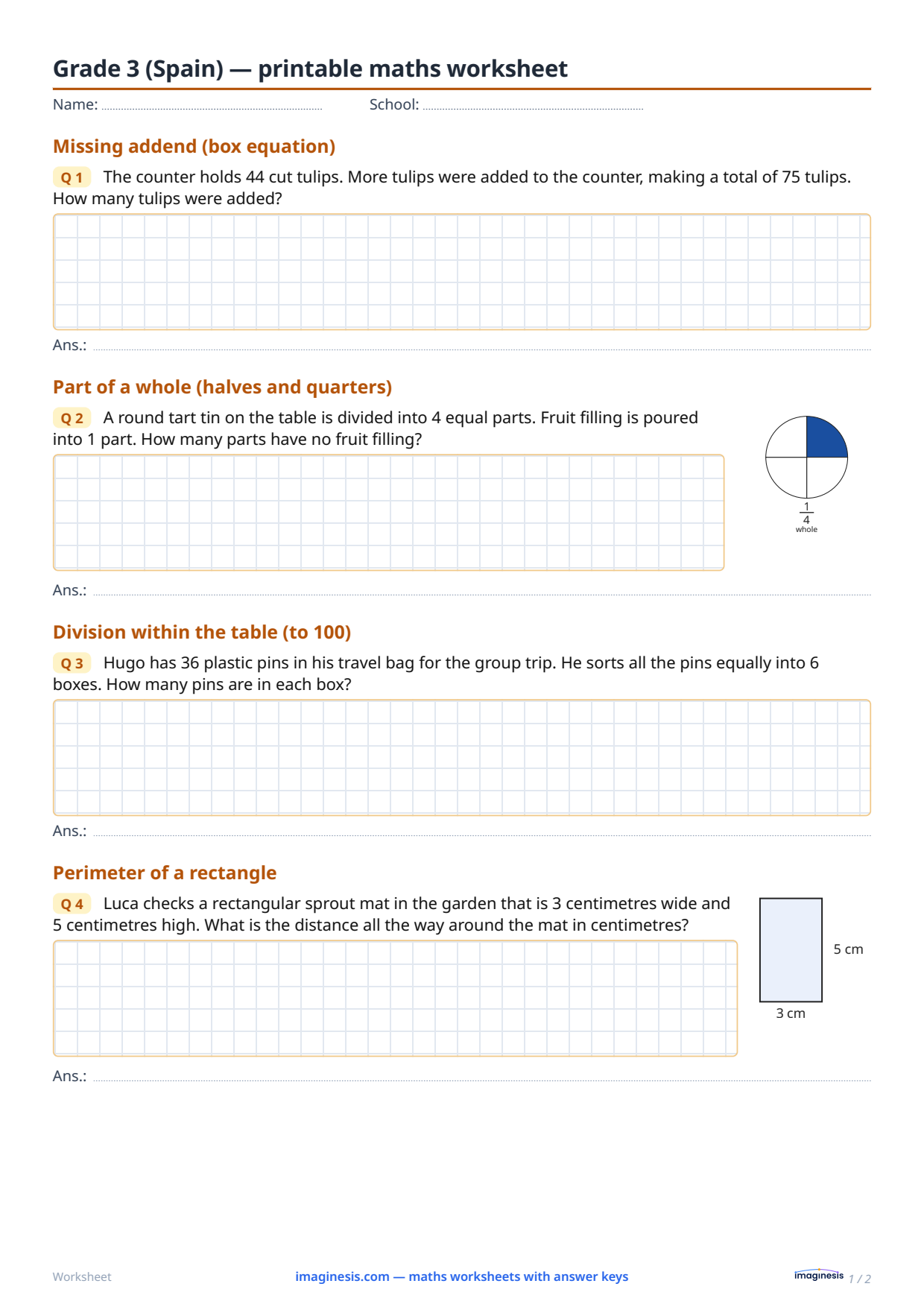 Grade 3 (Spain) — printable maths worksheet — Student sheet: printable maths worksheet (Grade 3, Spain)