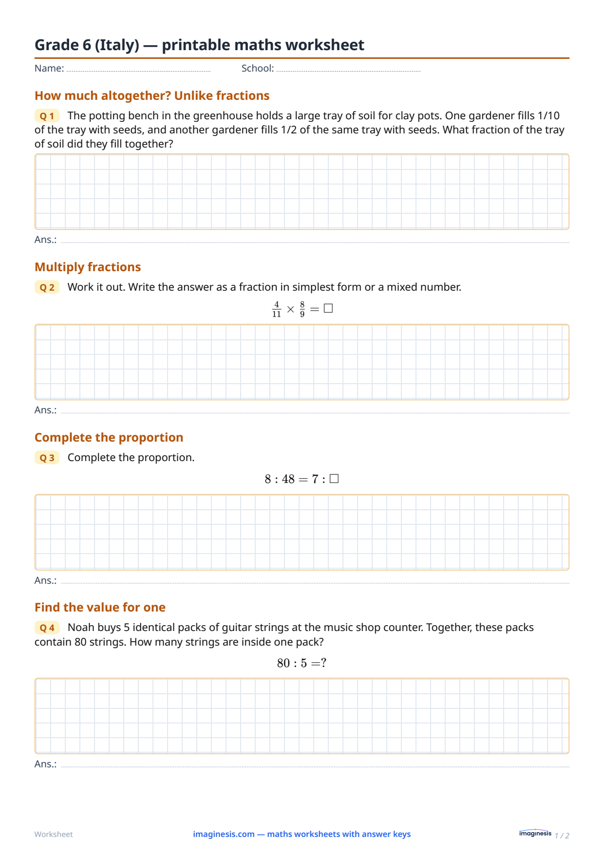 Grade 6 (Italy) — printable maths worksheet — Student sheet: printable maths worksheet (Grade 6, Italy)