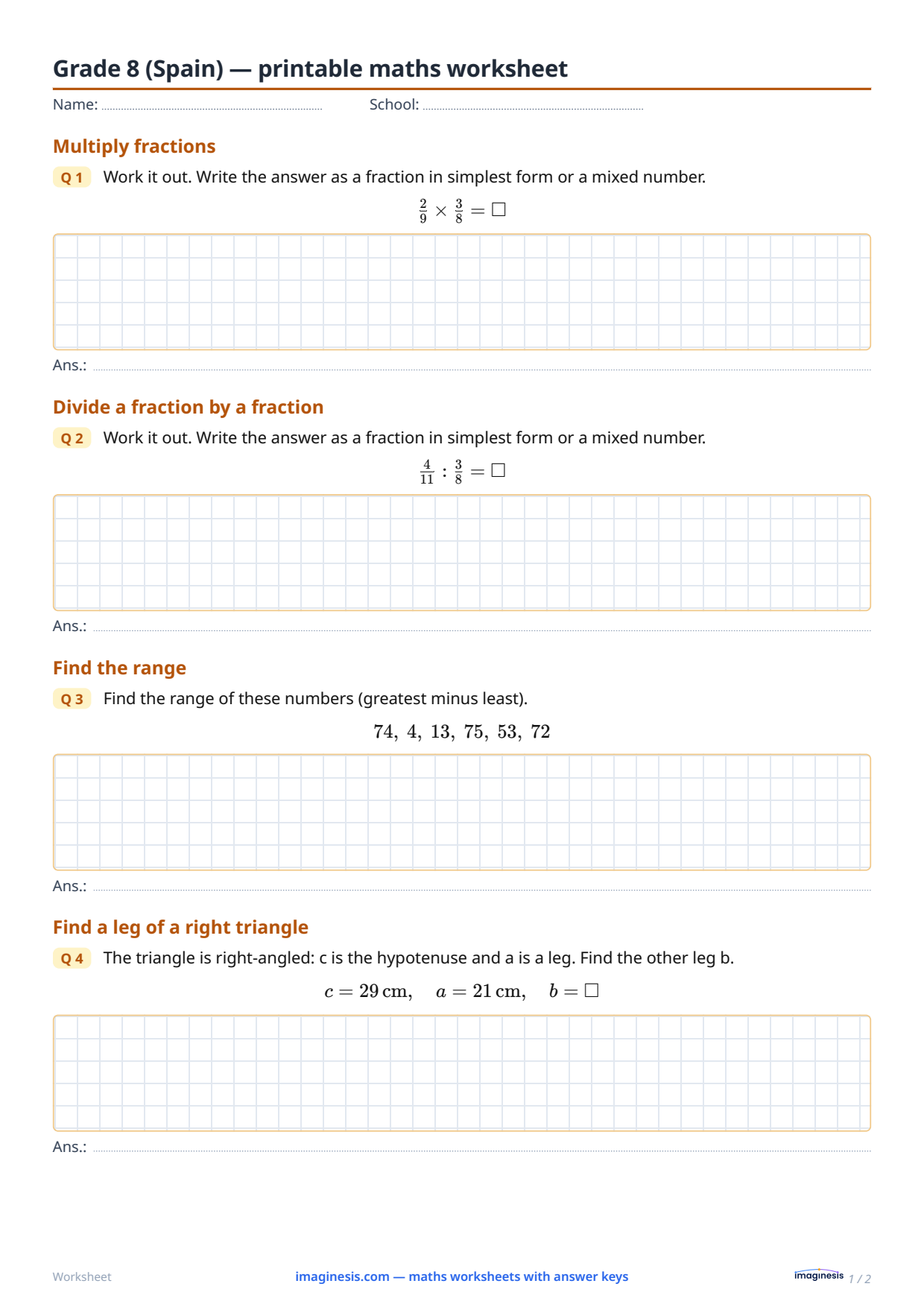 Grade 8 (Spain) — printable maths worksheet — Student sheet: printable maths worksheet (Grade 8, Spain)