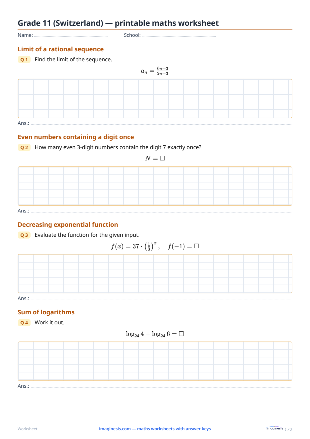Grade 11 (Switzerland) — printable maths worksheet — Student sheet: printable maths worksheet (Grade 11, Switzerland)
