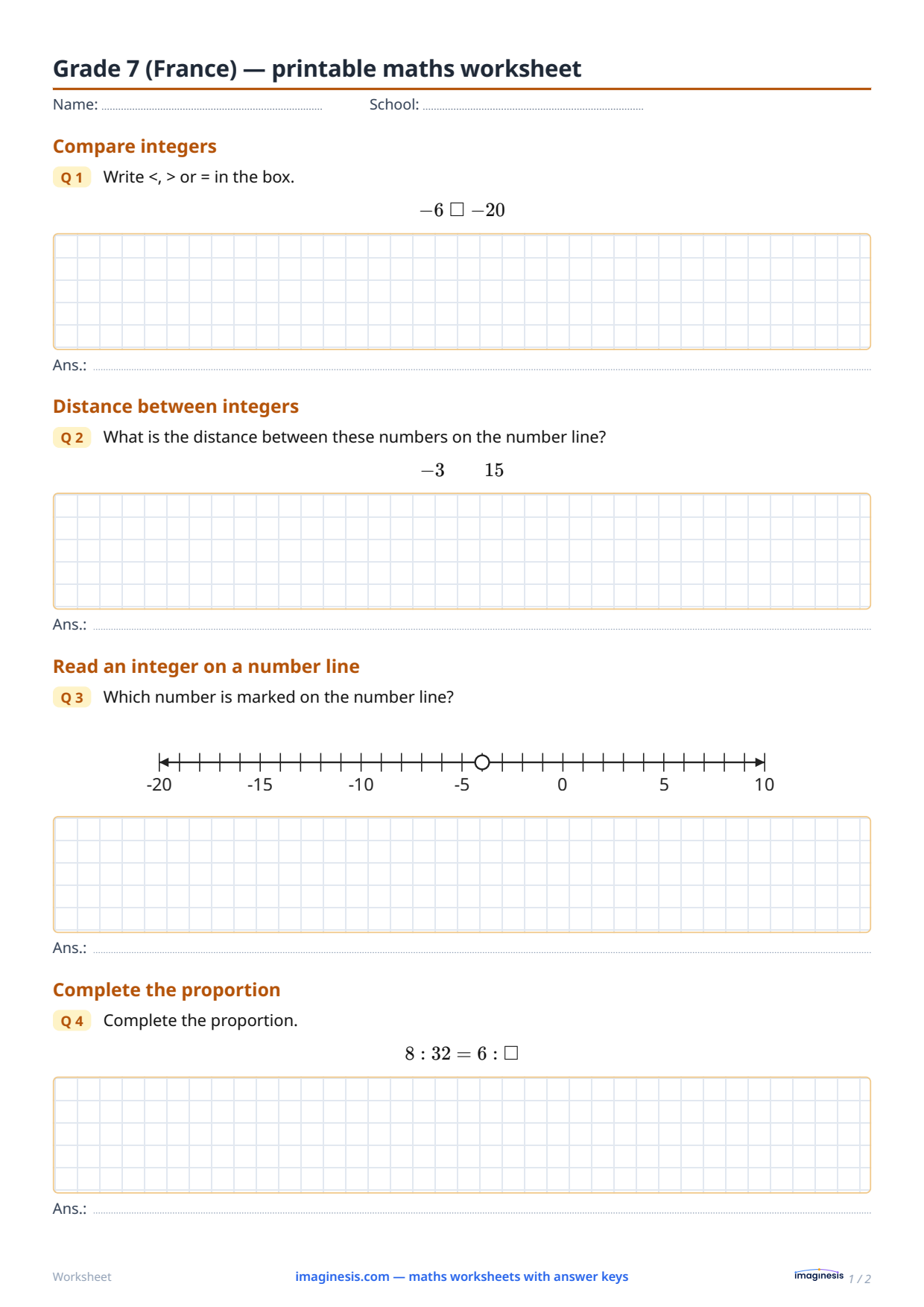 Grade 7 (France) — printable maths worksheet — Student sheet: printable maths worksheet (Grade 7, France)