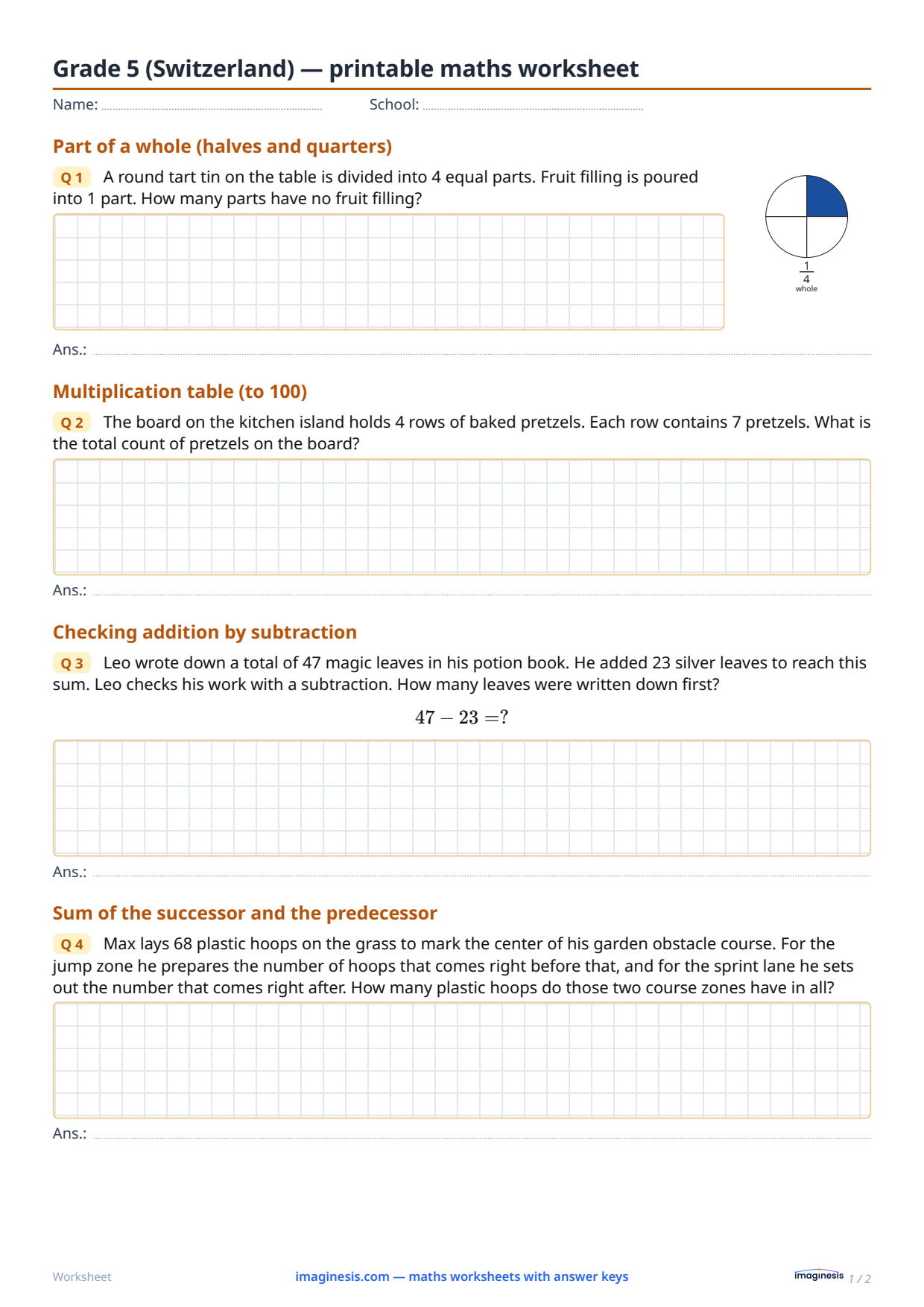 Grade 5 (Switzerland) — printable maths worksheet — Student sheet: printable maths worksheet (Grade 5, Switzerland)