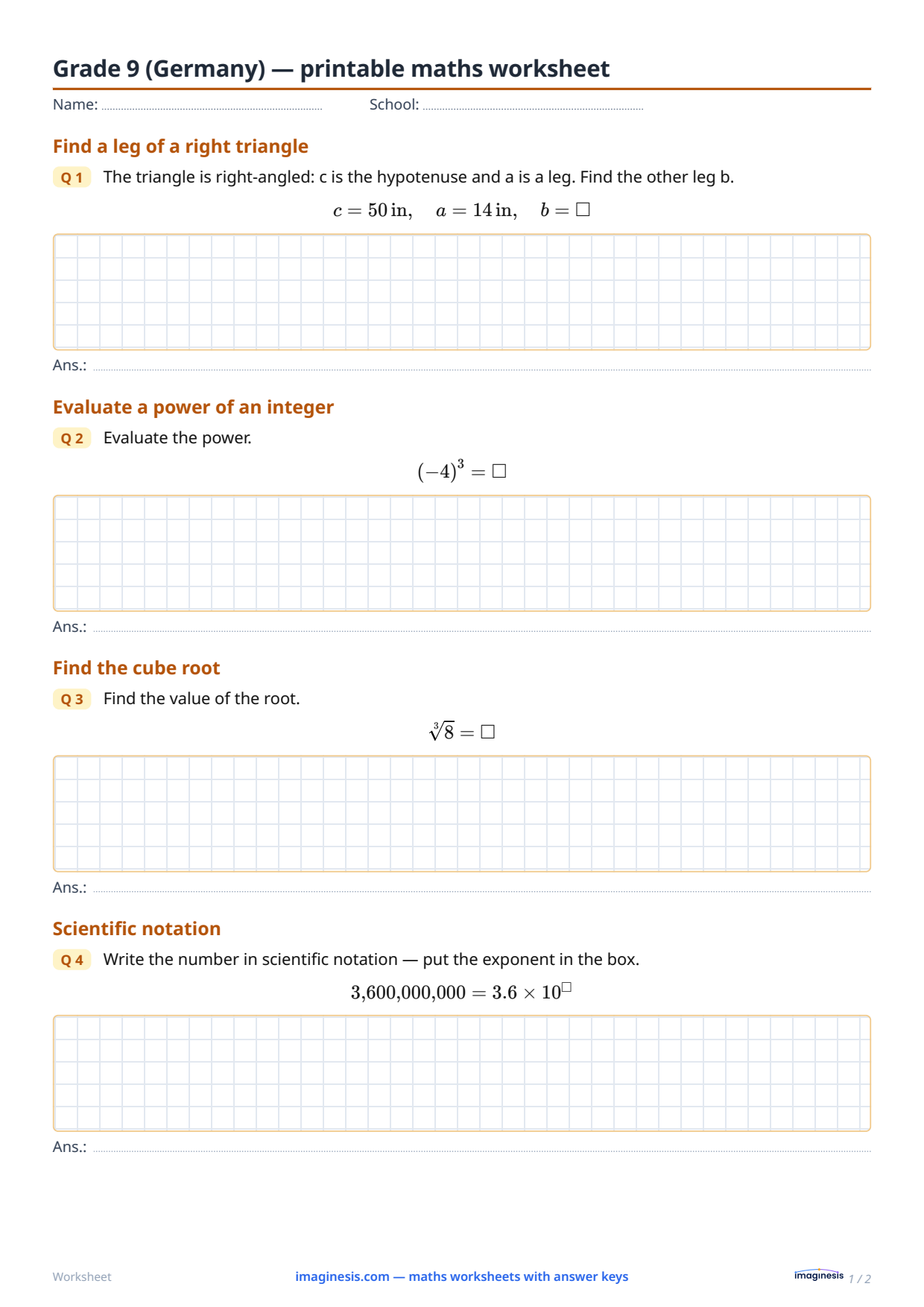 Grade 9 (Germany) — printable maths worksheet — Student sheet: printable maths worksheet (Grade 9, Germany)