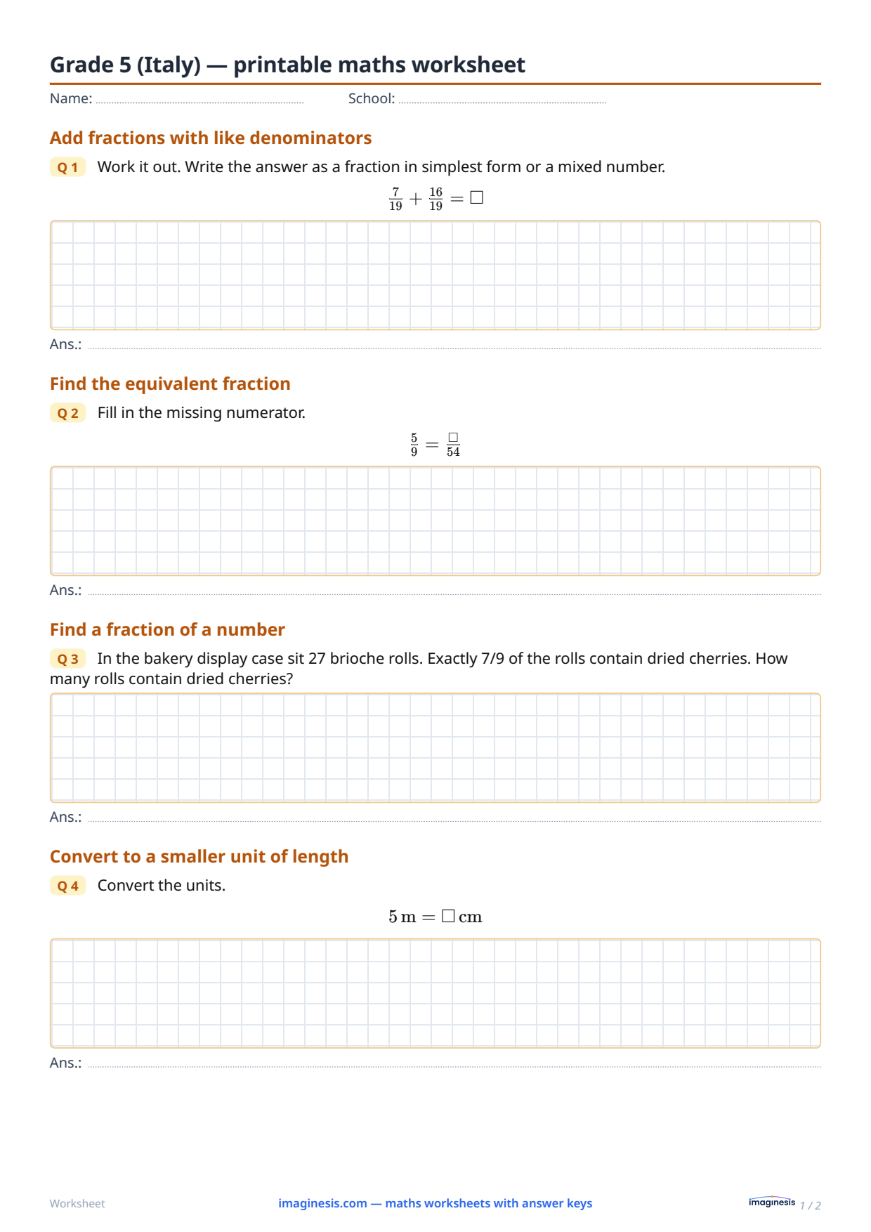 Grade 5 (Italy) — printable maths worksheet — Student sheet: printable maths worksheet (Grade 5, Italy)