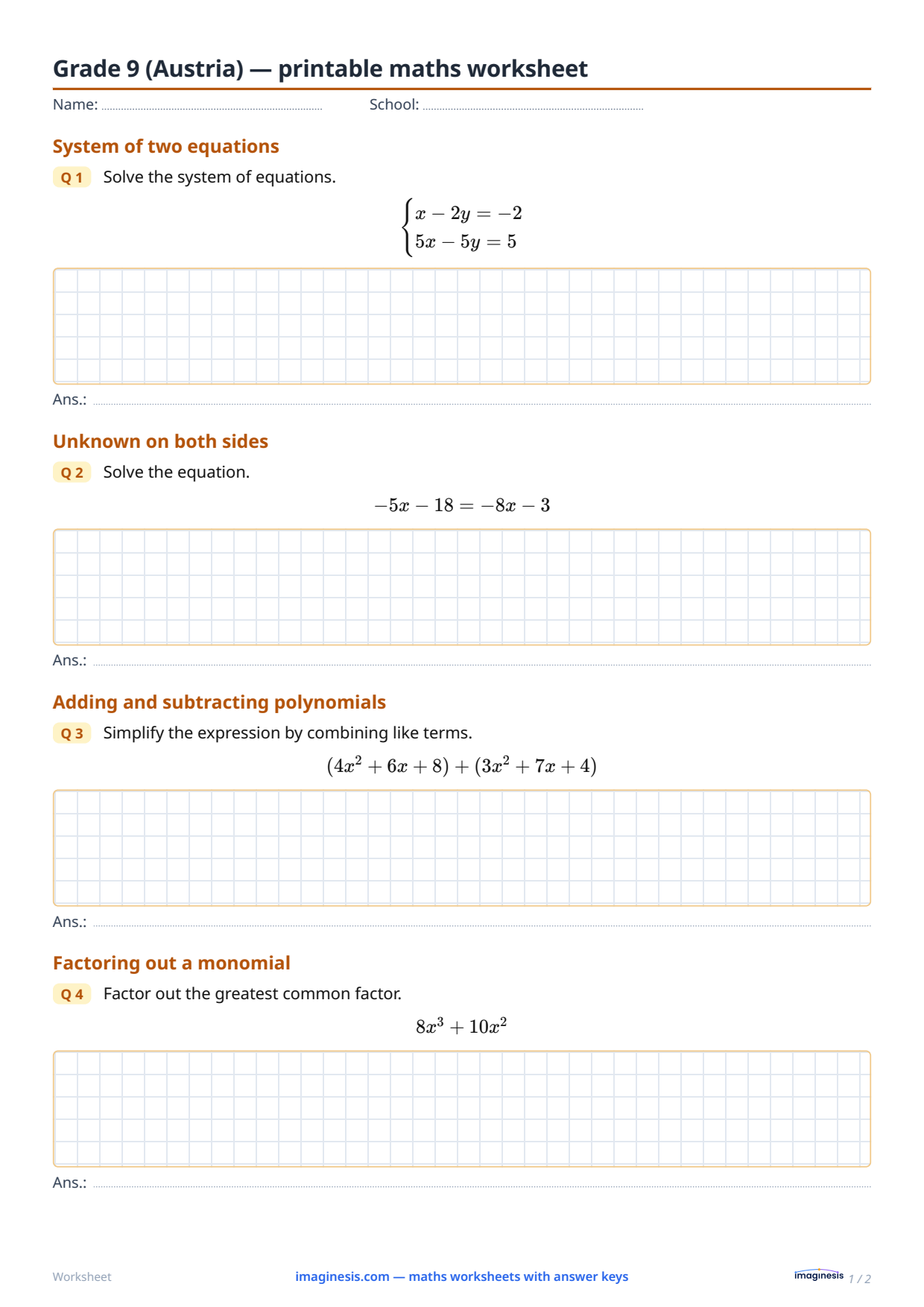 Grade 9 (Austria) — printable maths worksheet — Student sheet: printable maths worksheet (Grade 9, Austria)