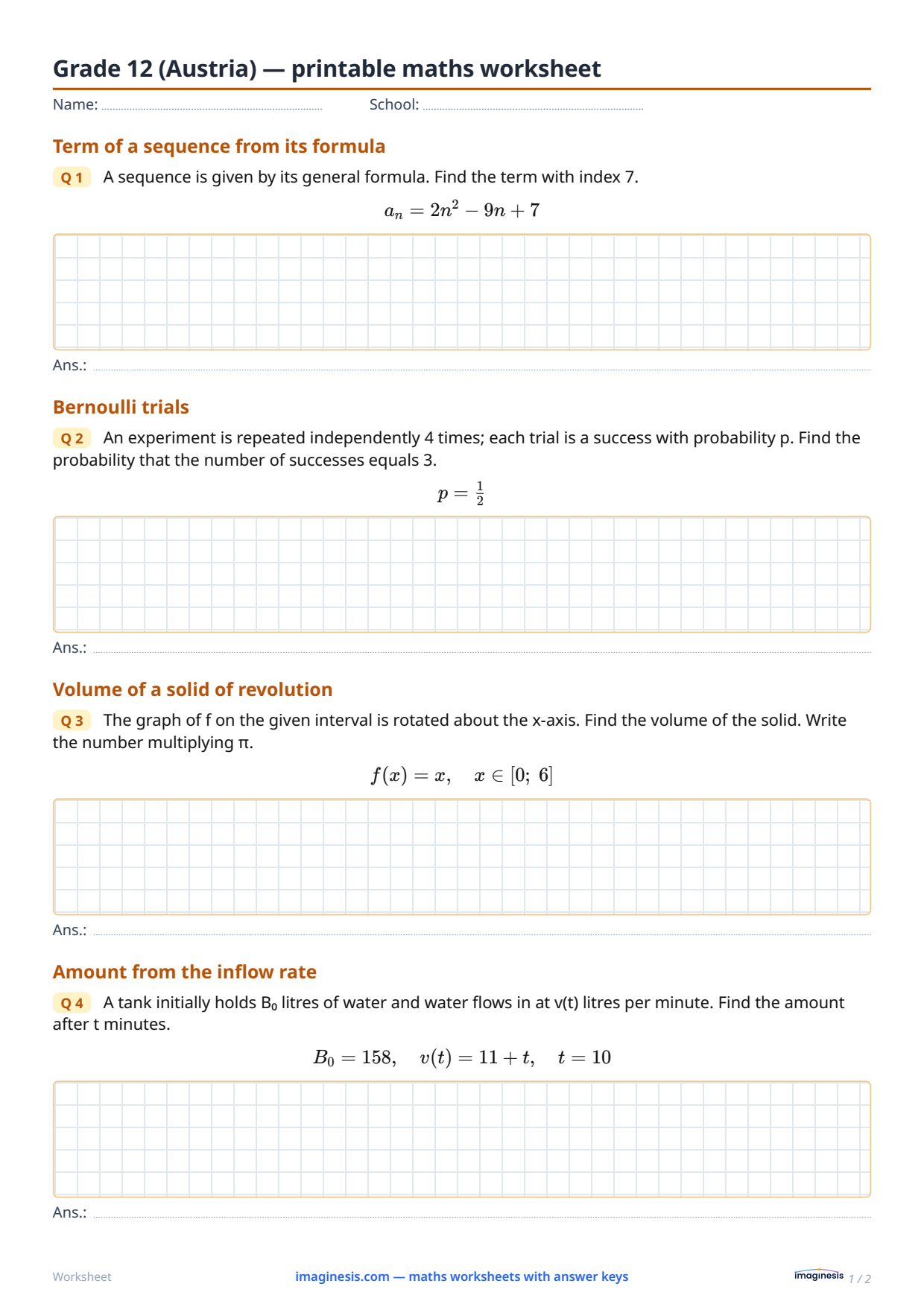 Grade 12 (Austria) — printable maths worksheet — Student sheet: printable maths worksheet (Grade 12, Austria)