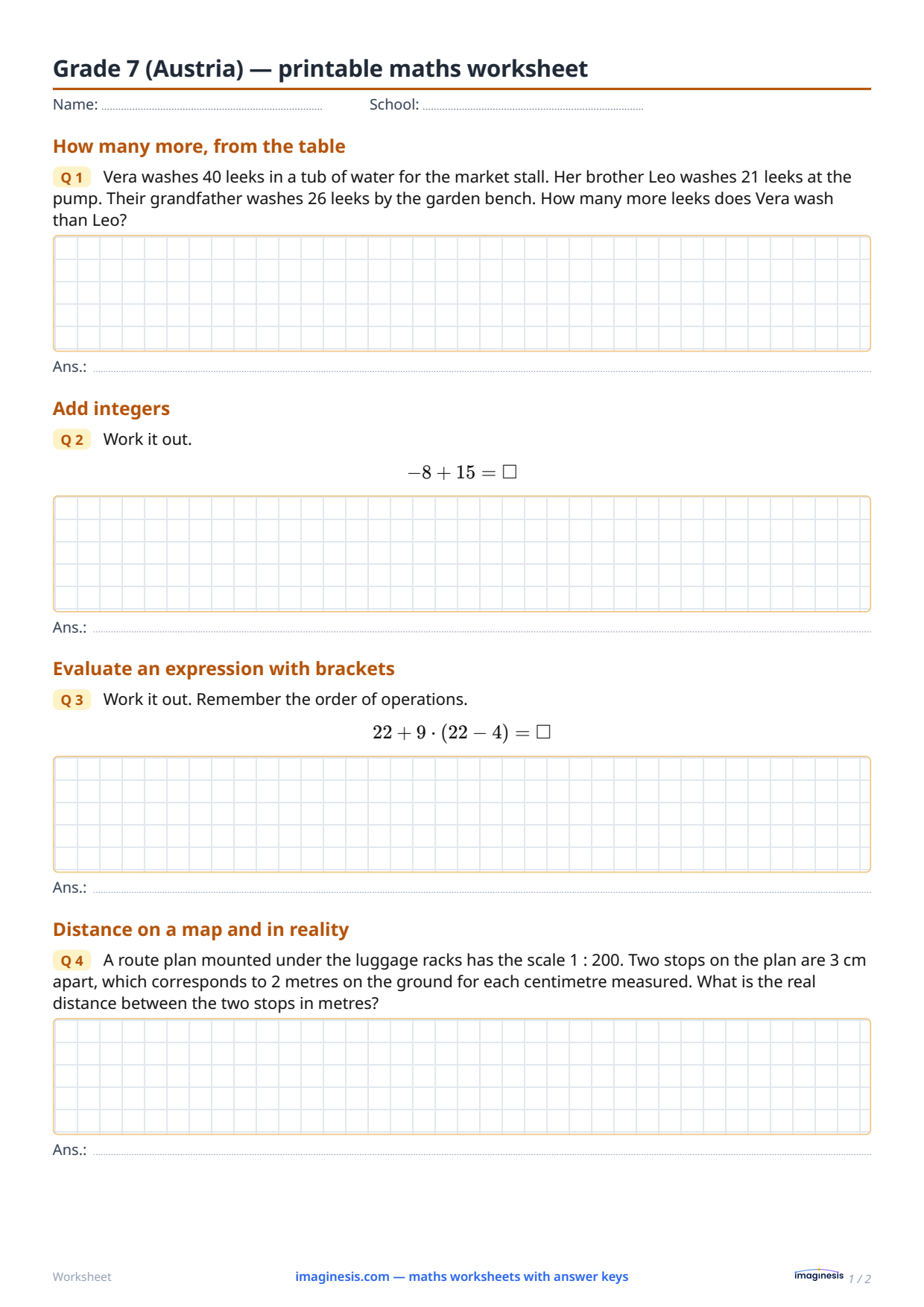 Grade 7 (Austria) — printable maths worksheet — Student sheet: printable maths worksheet (Grade 7, Austria)