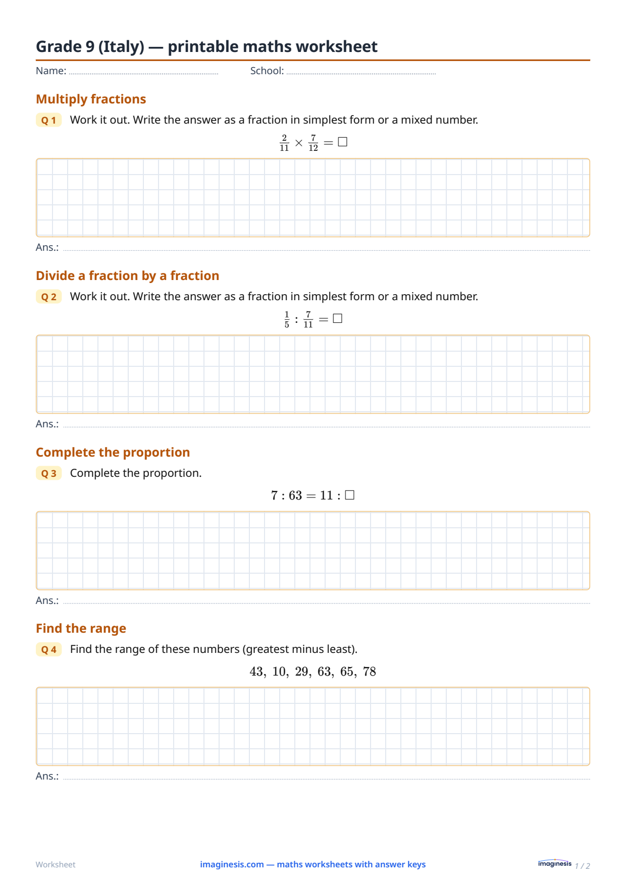 Grade 9 (Italy) — printable maths worksheet — Student sheet: printable maths worksheet (Grade 9, Italy)