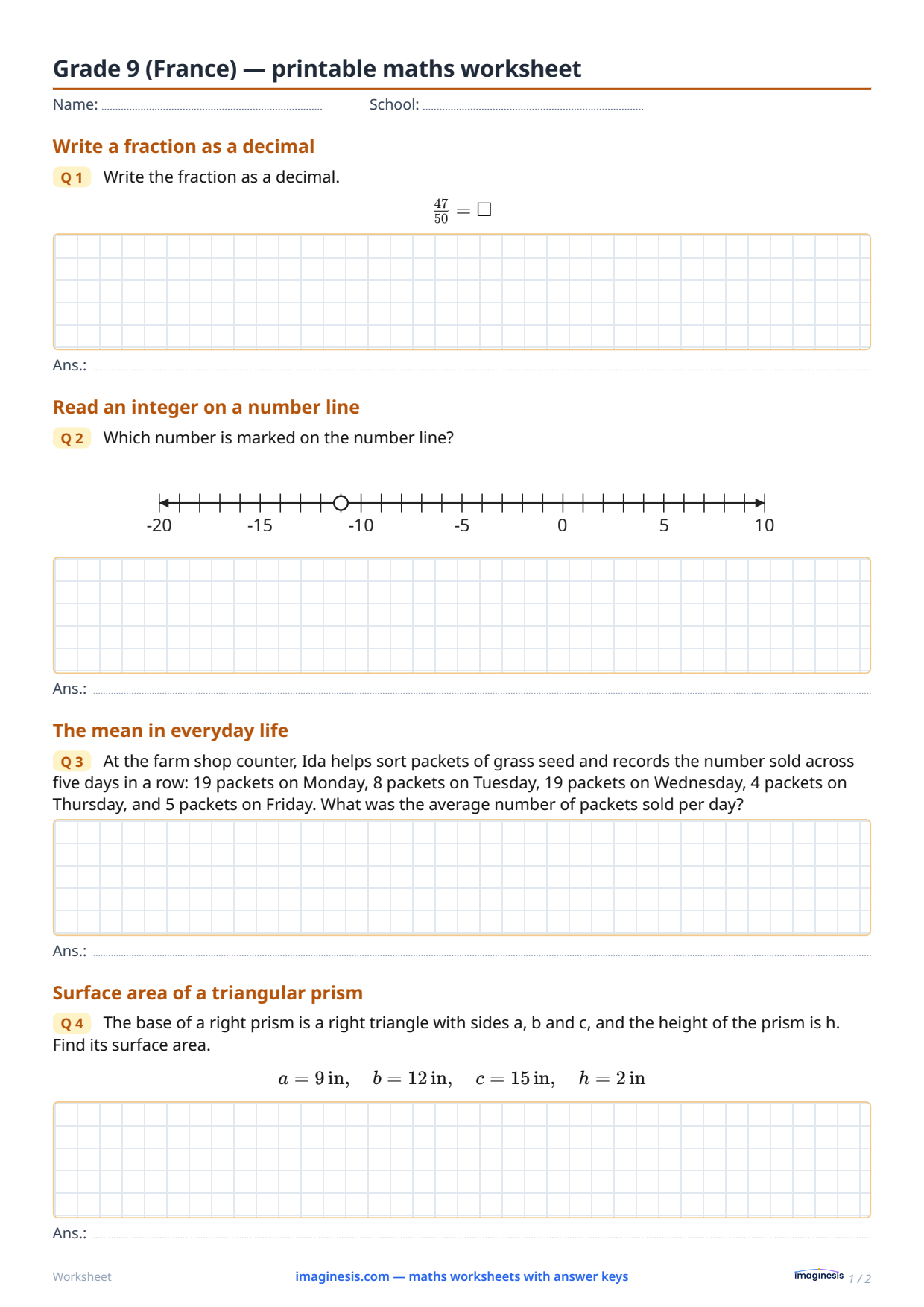 Grade 9 (France) — printable maths worksheet — Student sheet: printable maths worksheet (Grade 9, France)